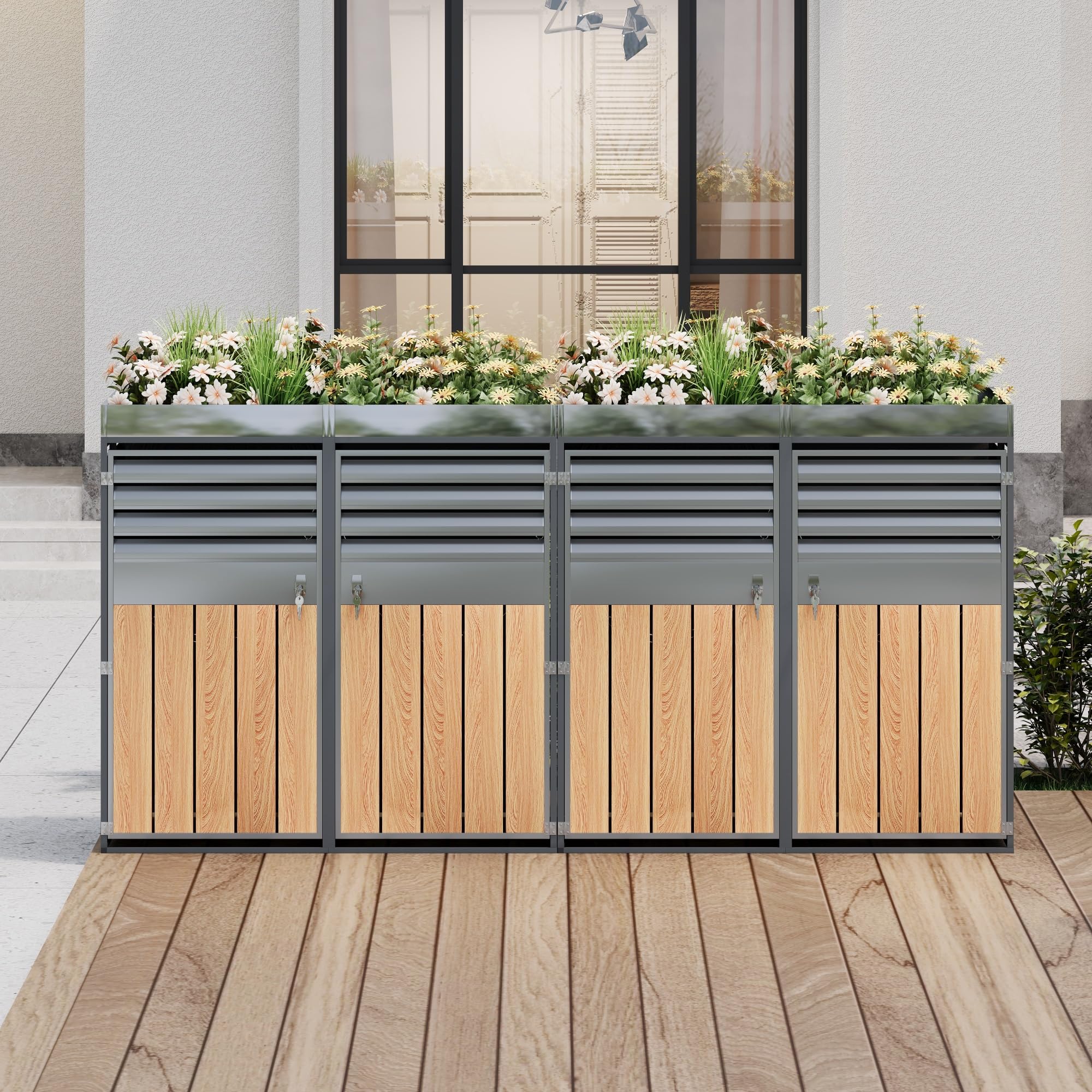 Merax Mülltonnenbox 4er mit Pflanzdach, Abschließbarer Mülltonnenschrank aus verzinktem Stahl, Mülltonnenverkleidung mit Lüftungsöffnung & Lamellen,Viertüriges Türen, für Garten & Terrasse