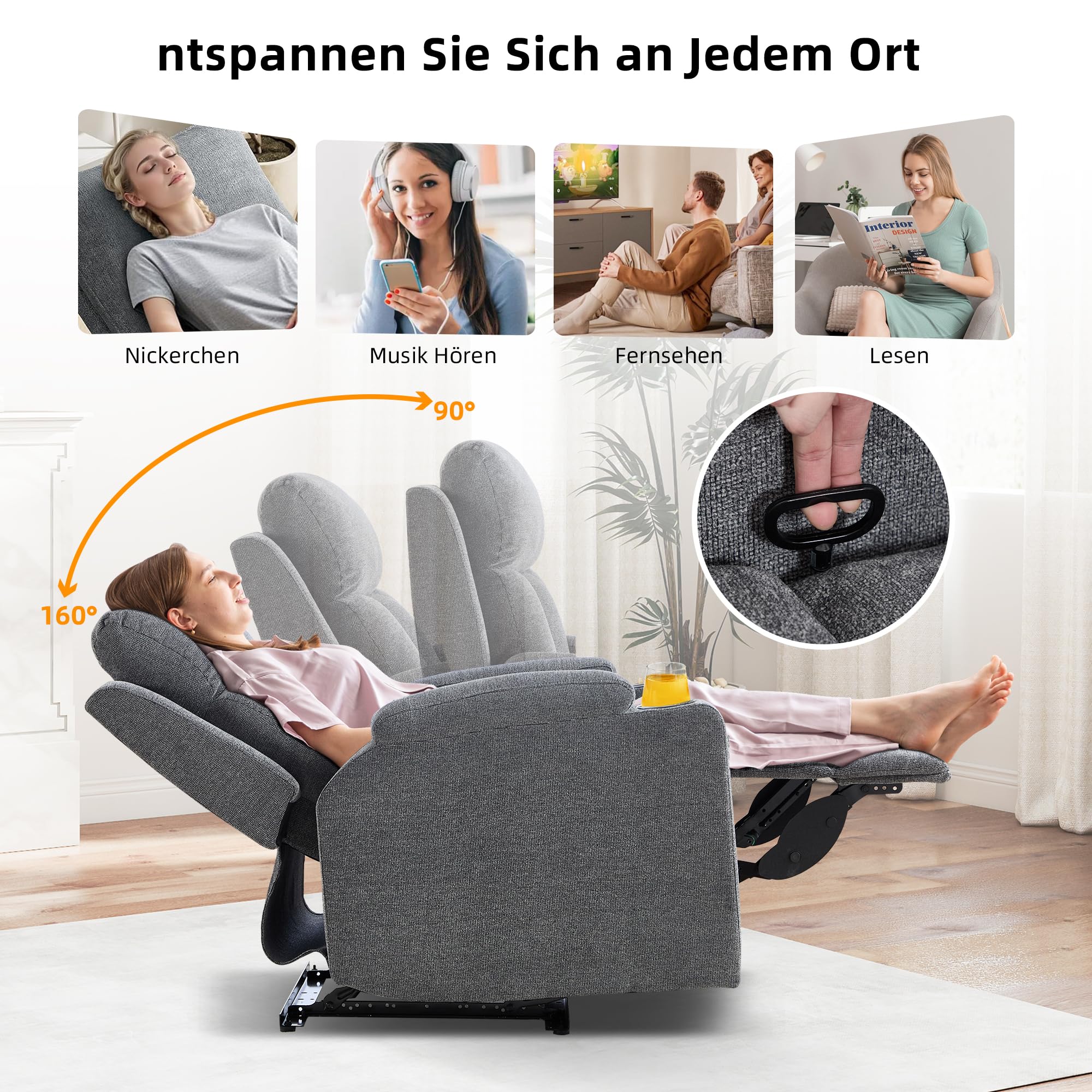Simore Sillón de Relax Manual con función reclinable y Soporte para Bebidas | sillón de televisión con reposapiés y reposacabezas suave, soporta hasta 150 kg, sillón de TV para salón, color gris