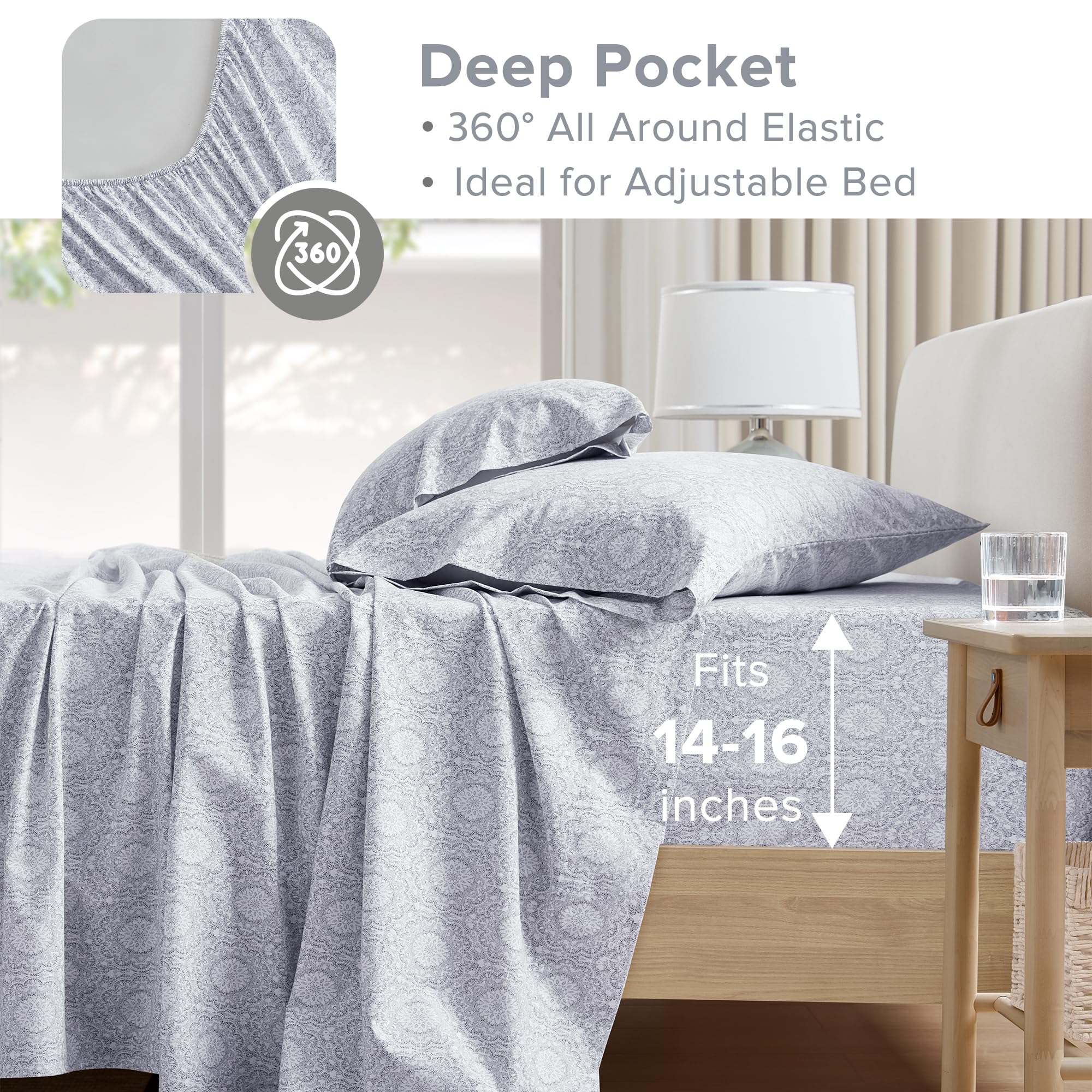 Comfort Spaces Komplet pościeli, 100% bawełna, oddychający, lekki, miękki, z elastyczną kieszenią 35 cm, do materacy o grubości do 40 cm, pościel całoroczna, poszewka, 4 el., Full Adelia, szary