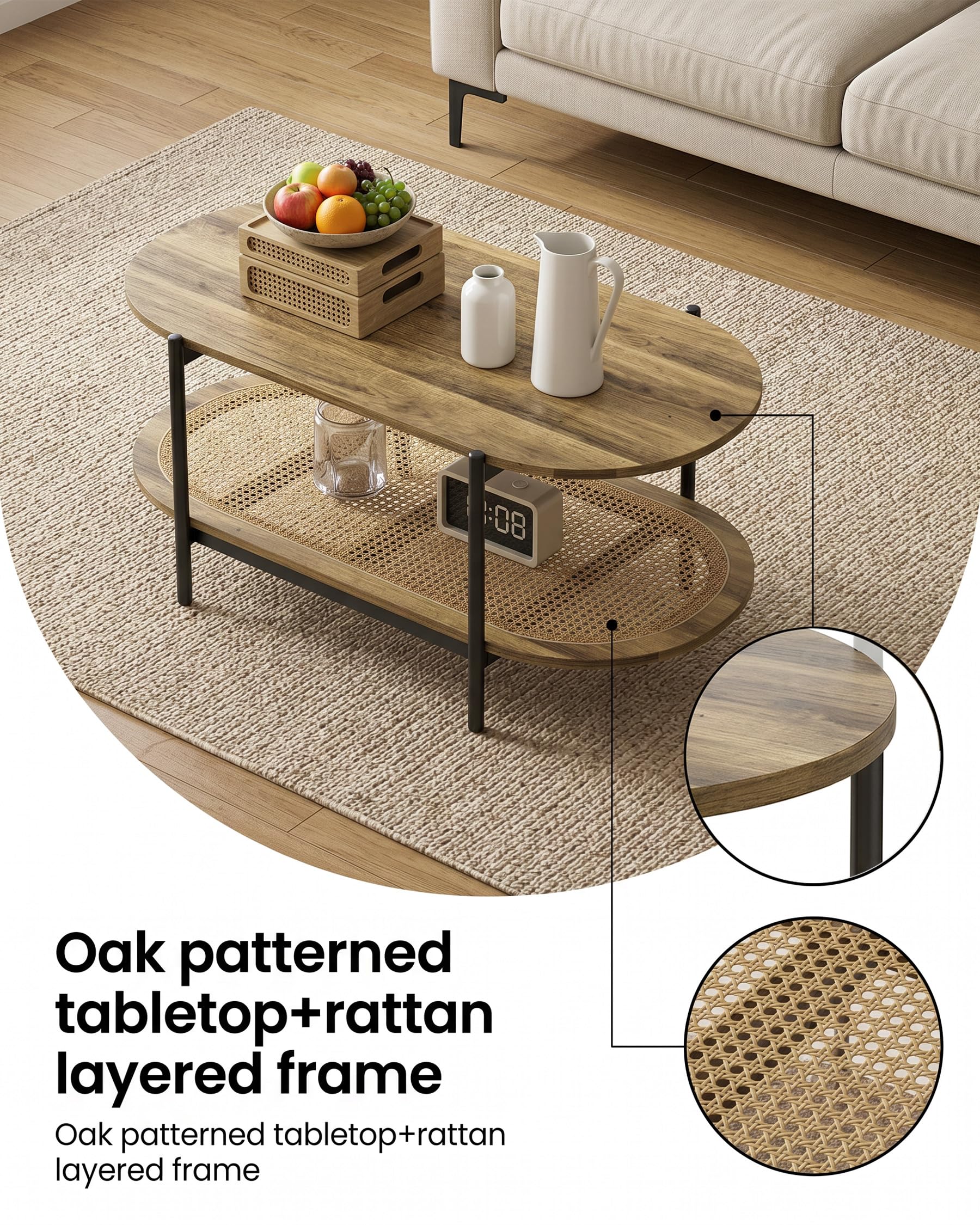 Tavolo Ovale, Tavolino Salotto Moderno Legno, Coffee Table, Tavolino da Salotto Moderno Legno con telaio nero e scaffale