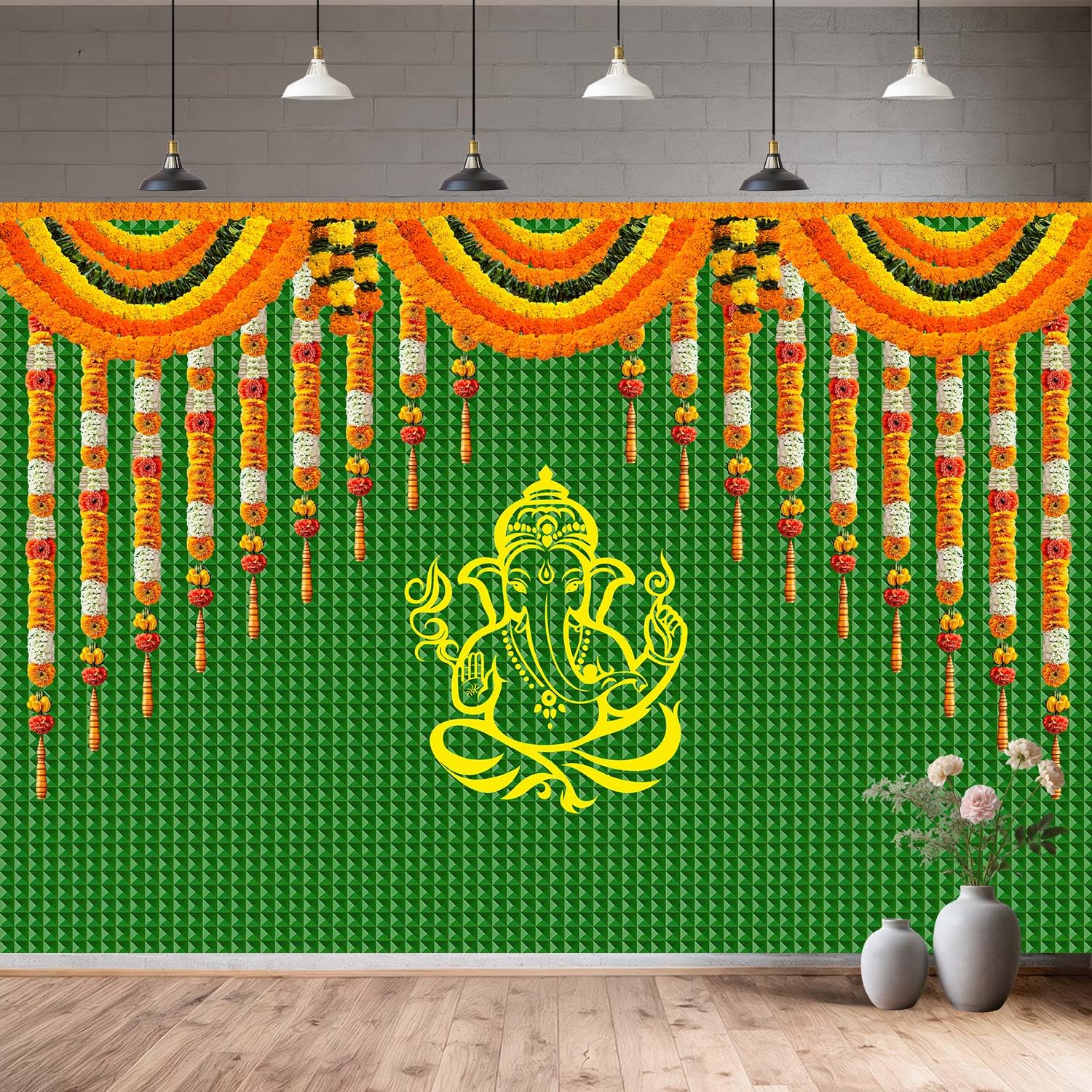 Photo 1 of 10x8FT India Pooja Traditional Backdrop Marigold Green Banana Leaf Chatiya Ganesh Traditional Festival Photography Background Puja Ganpati Wedding Party Decoration Photo Props