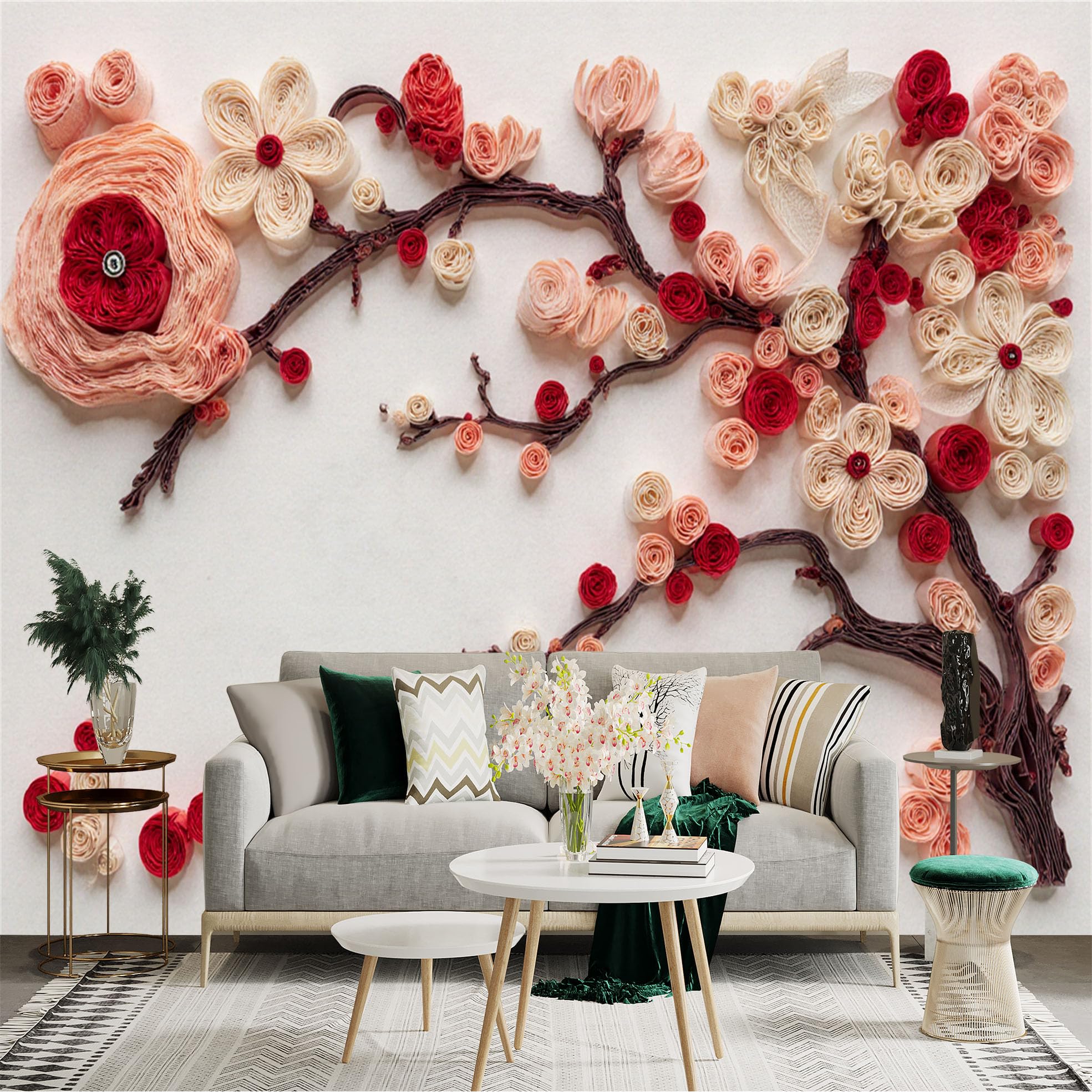 Custom Size Wall Sticker Mural， Paper Quilling Floral Art， Red and Beige Blossoms， Elegant Branch Design， for wall Decoration， peelandstick wall Decals.
