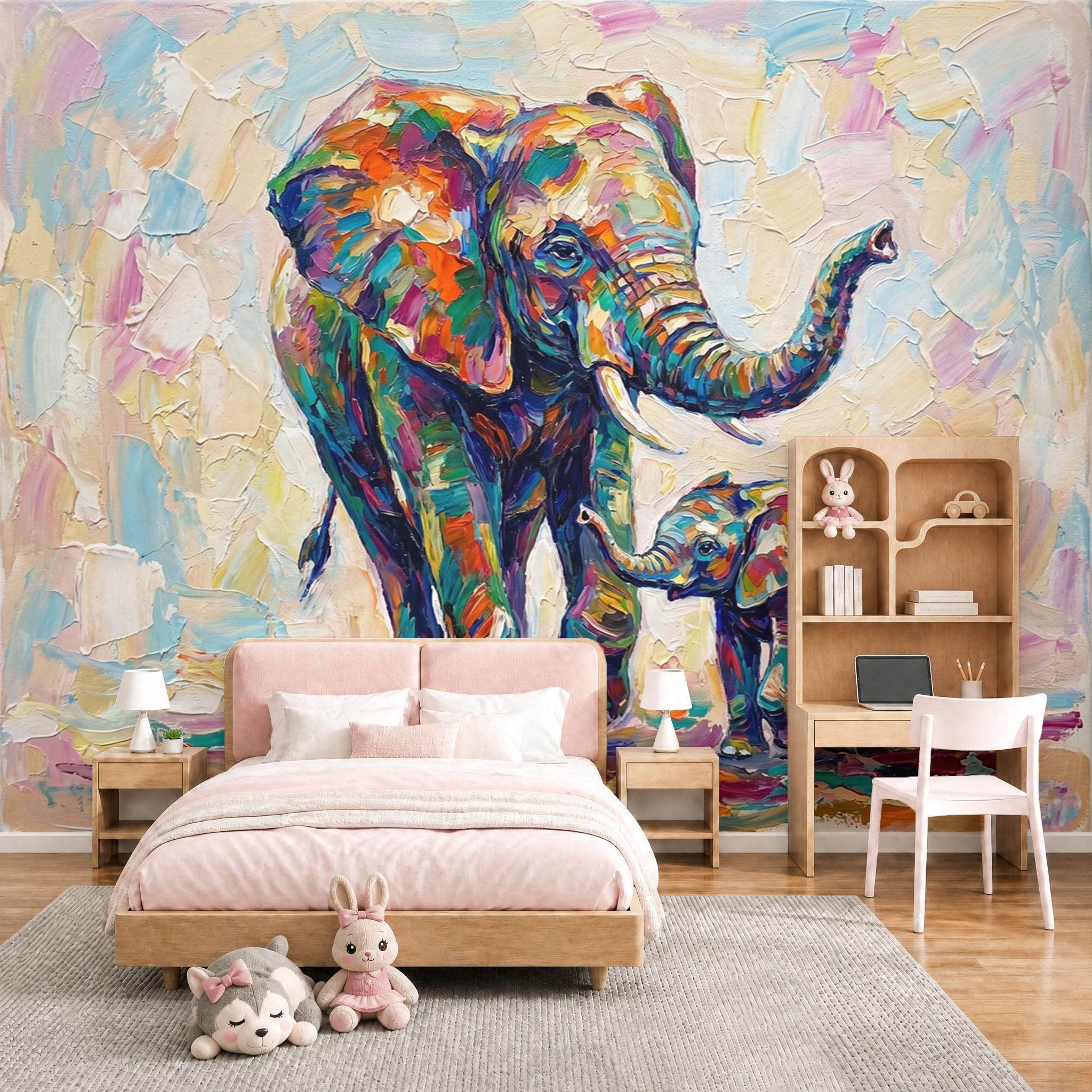 Papier peint panoramique parents enfants éléphants pour cocon familial