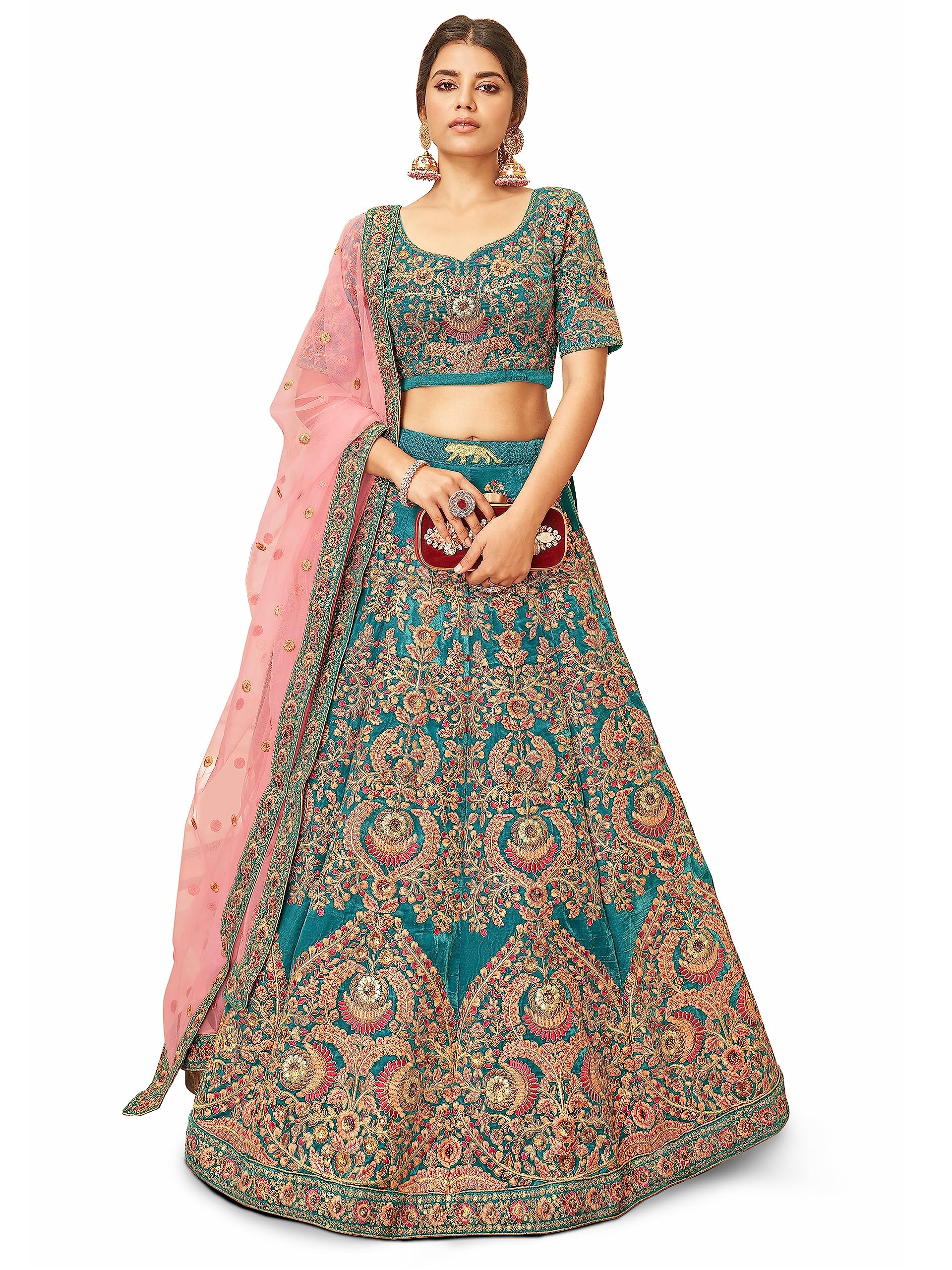 Teal Heavy Embroidered Velvet Semi-Stitched Lehenga Choli For Women (7419-Teal-Wedding-Bridal-Latest-New; Teal_Free Size)-image-43