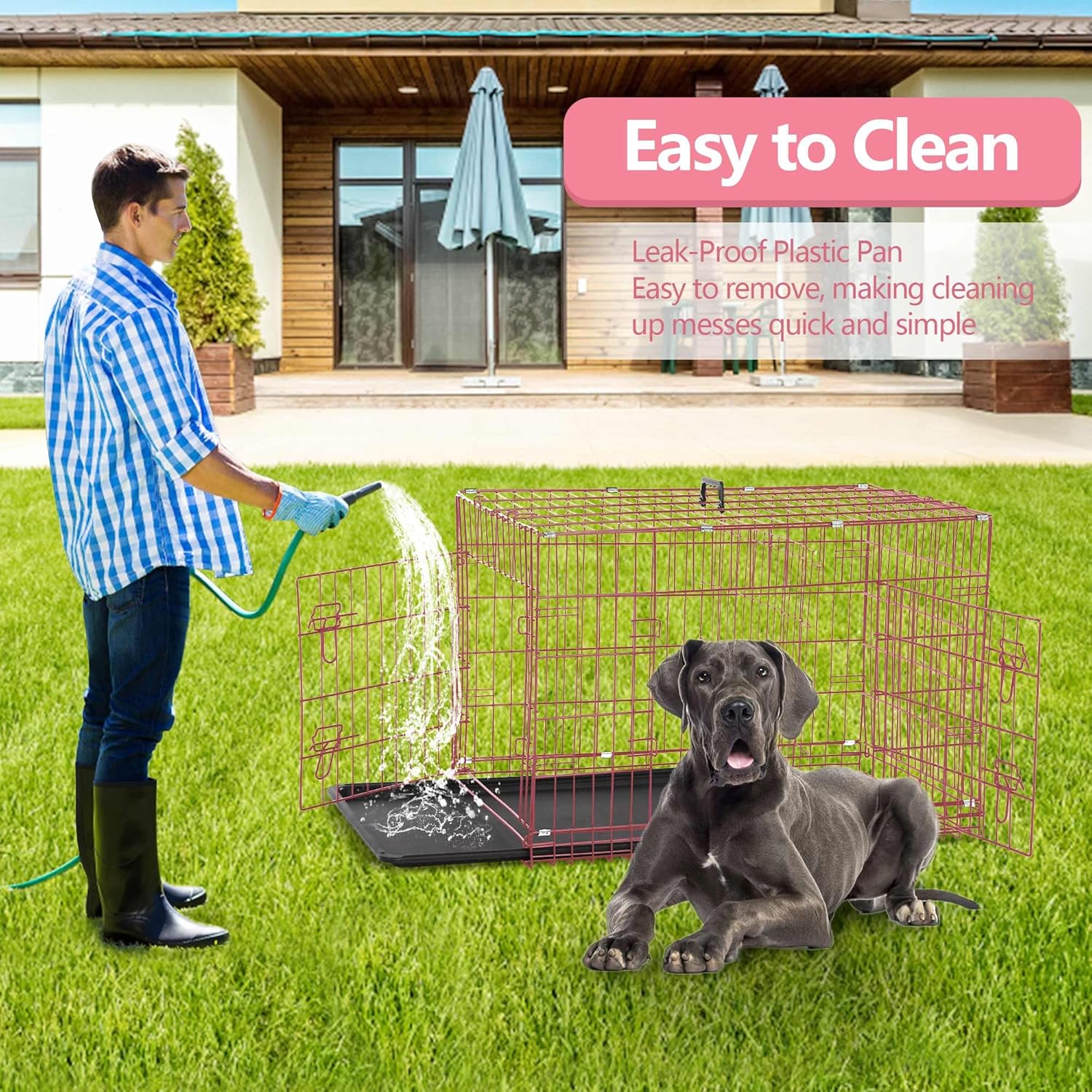 Large Crate, 48 Inch for Large Dogs, Folding Metal Puppy Cage XXL With Tray, Indoor Outdoor Kennel, Double Door and Divider Panel, 48" L x 30" W x 32" H, Pink