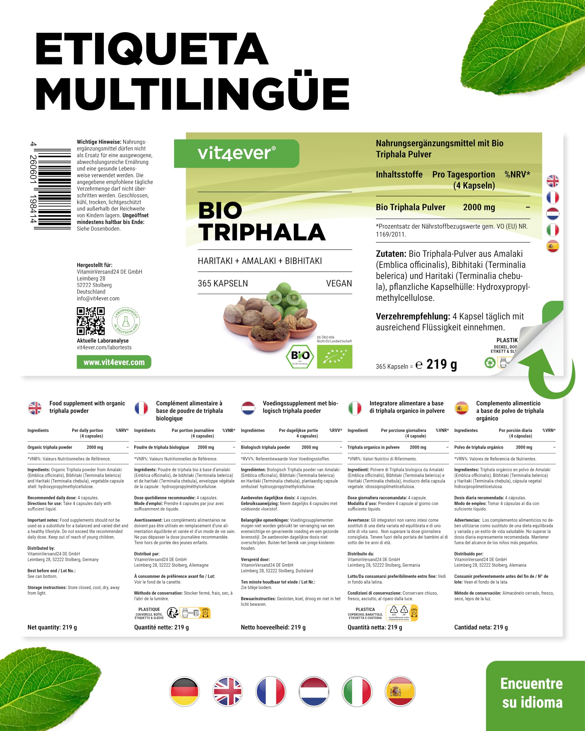 Organic Triphala - Altamente dosificado con 2000 mg (500 mg por cápsula) - 365 cápsulas - Triphala en polvo de la India: Haritaki, Amalaki, Bibhitaki - Sin aditivos - Vegan