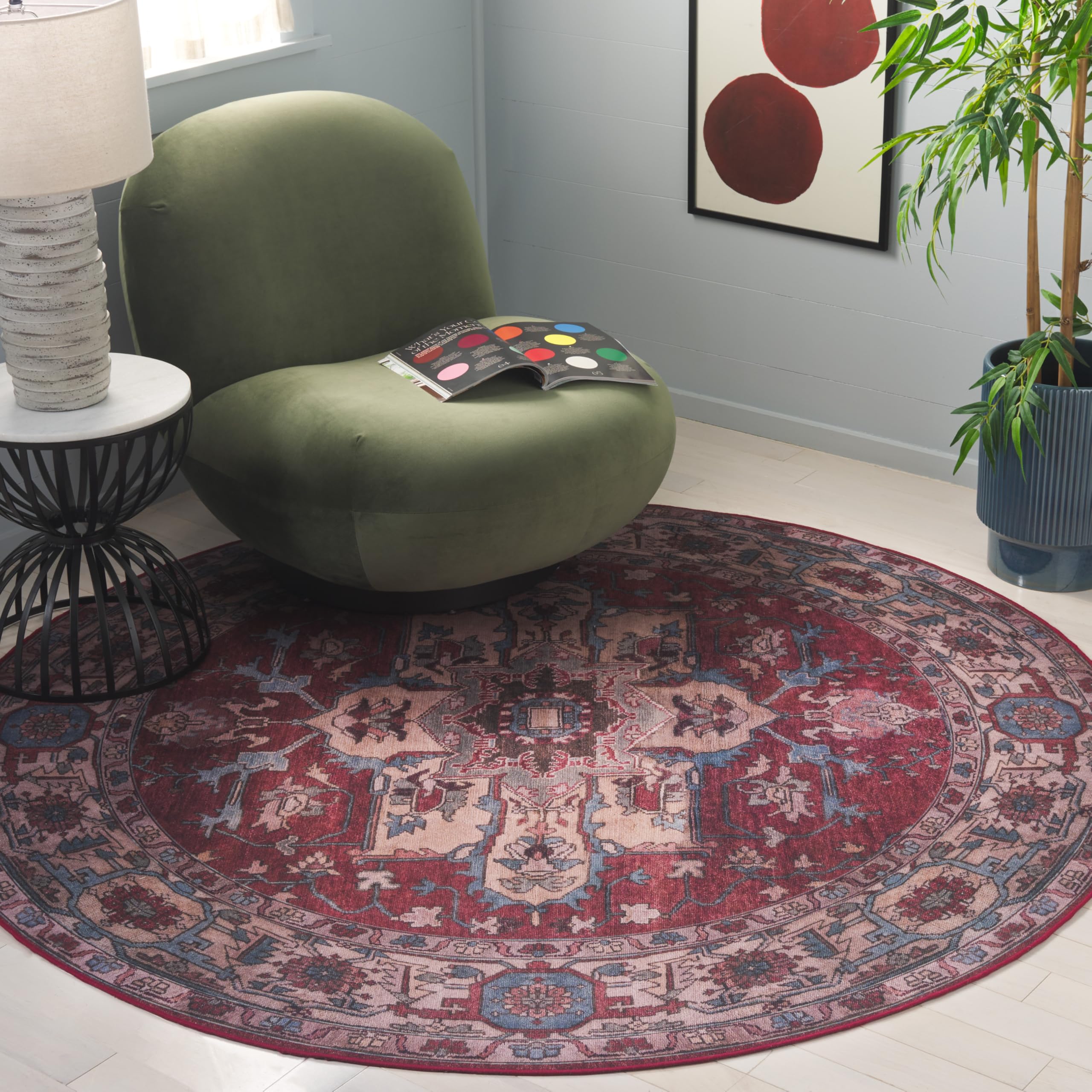 SAFAVIEH Washable Rug Tucson Collection - 8' Round, Red & Beige, Slip Resistant & Easy to Clean, Ideal for Living Room, Bedroom, Dining Space (TSN106Q