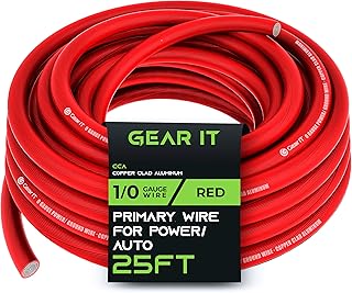 GearIT 1/0 Gauge Wire (25ft - Red Translucent) Copper Clad Aluminum CCA - Primary Automotive Wire Power/Ground, Battery Cable, Car Audio Speaker, RV Trailer, Amp, Electrical 0ga AWG 25 Feet