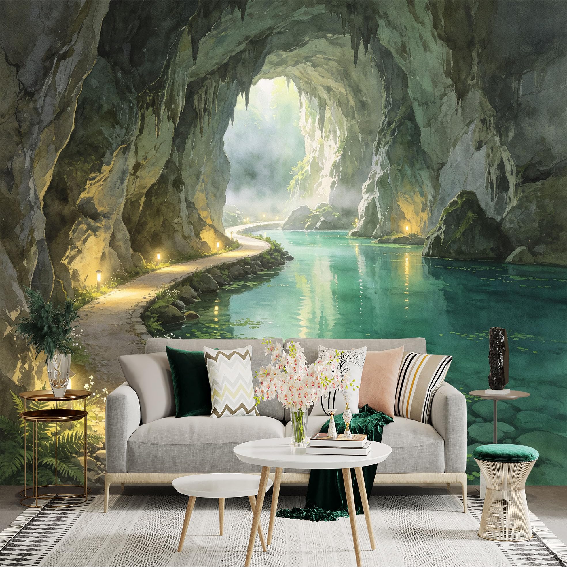 Custom Size Wall Sticker Mural， Enchanting Cave Landscape with Underground River， Serene Waters， for wall Decoration， peelandstick wall Decals.