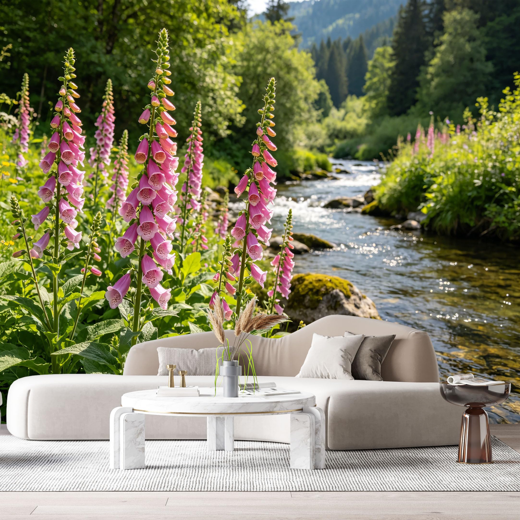 Custom Size Wall Murals Forest Landscape River Botanical Flowers Pink Foxglove SelfAdhesive Wall Fabric Removable Large Wallpaper for Photo Living Room