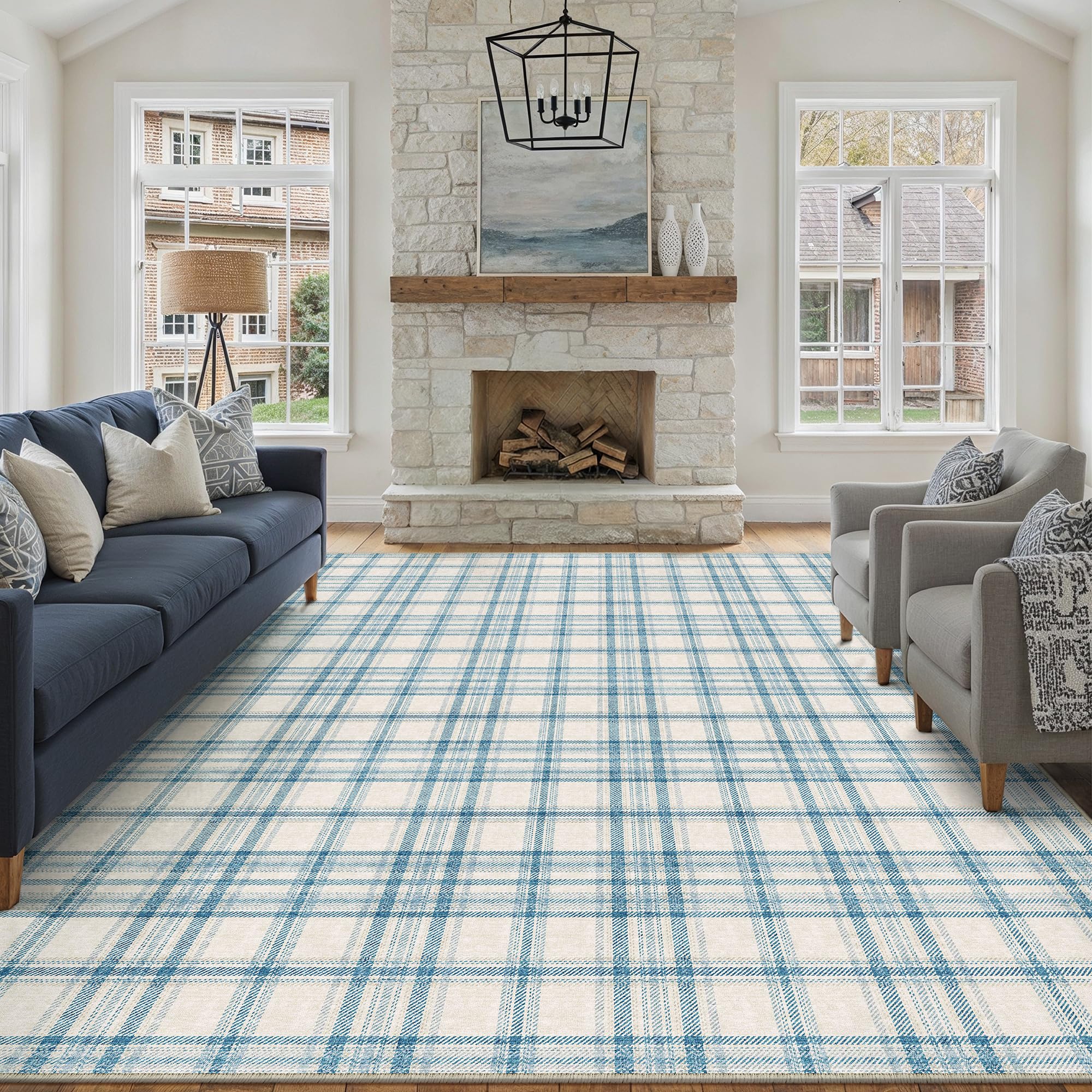 PureCozy Rugs Living Room 200x300cm Blue Non Slip Washable Large Area Rug Dining Room Bedroom Office Lounge Laundry Carpets Indoor Modern Geometric Soft Low Pile Carpet