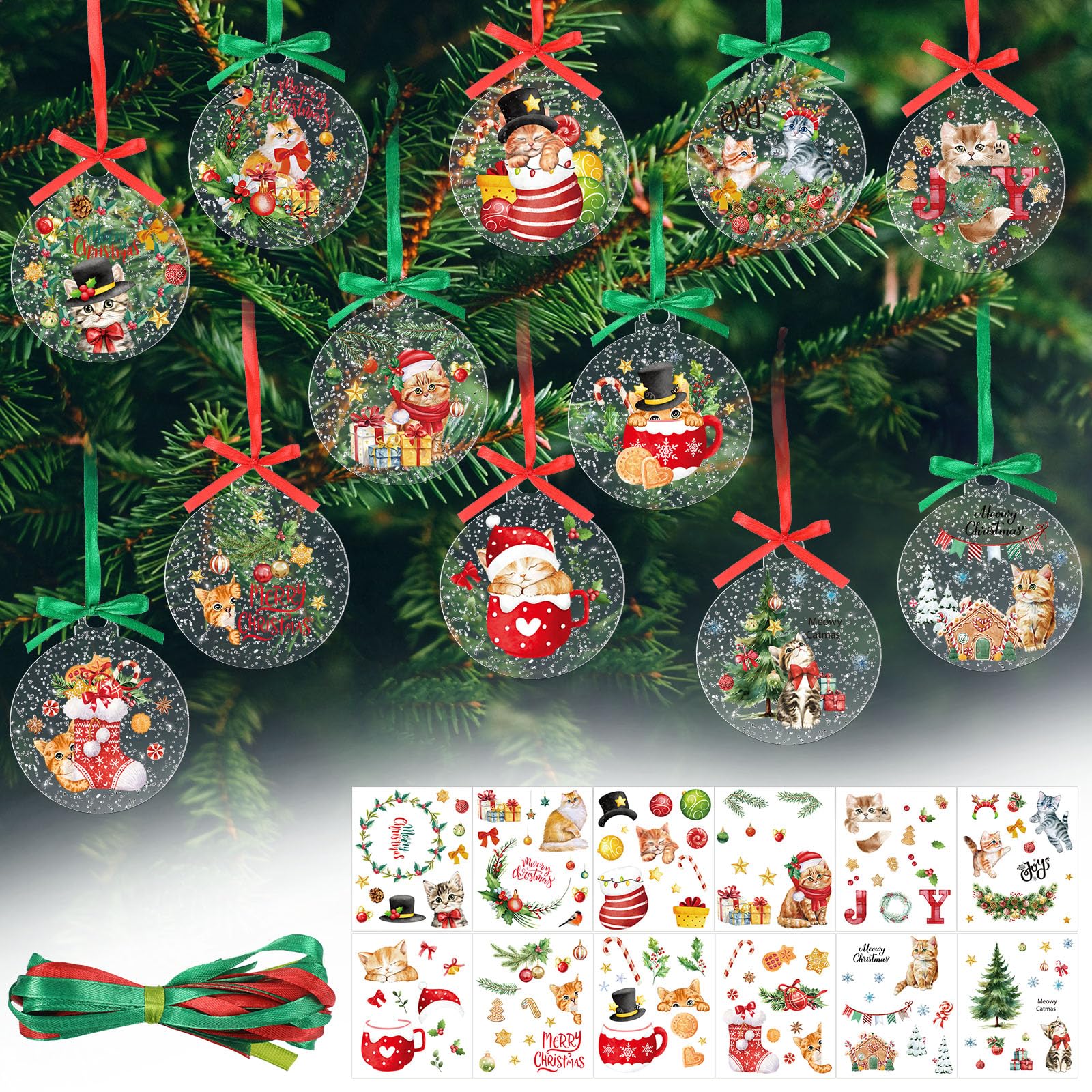 Blosssound Décorations de sapin de Noël en acrylique à suspendre avec autocollants et rubans pour fêtes d'hiver (rouge, mignon)