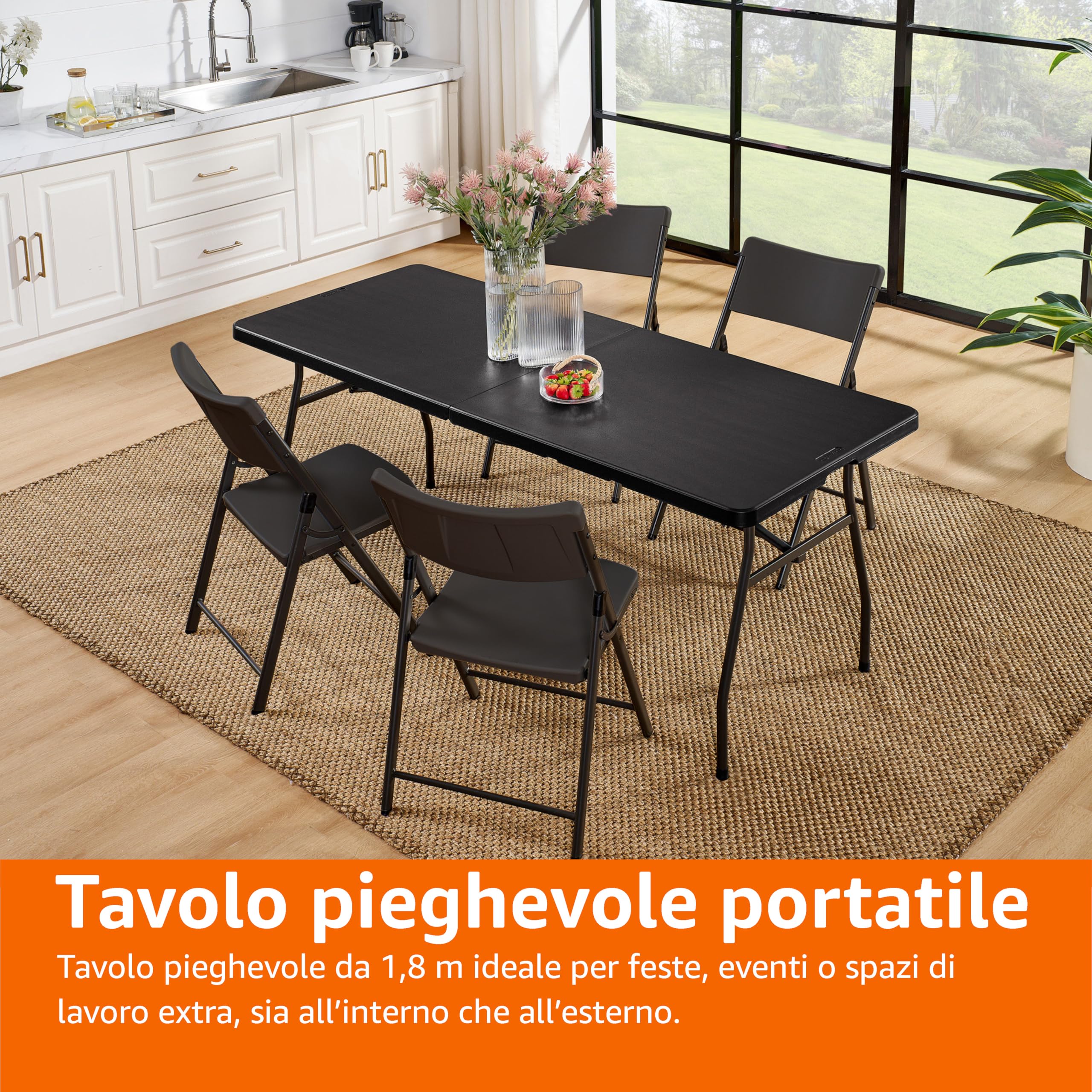 Amazon Basics, Tavolo pieghevole rettangolare da 1,8 m, con maniglia per il trasporto, per interni ed esterni, portatile, leggero, da viaggio, picnic, campeggio, nero, 182 x 75 x 73 cm