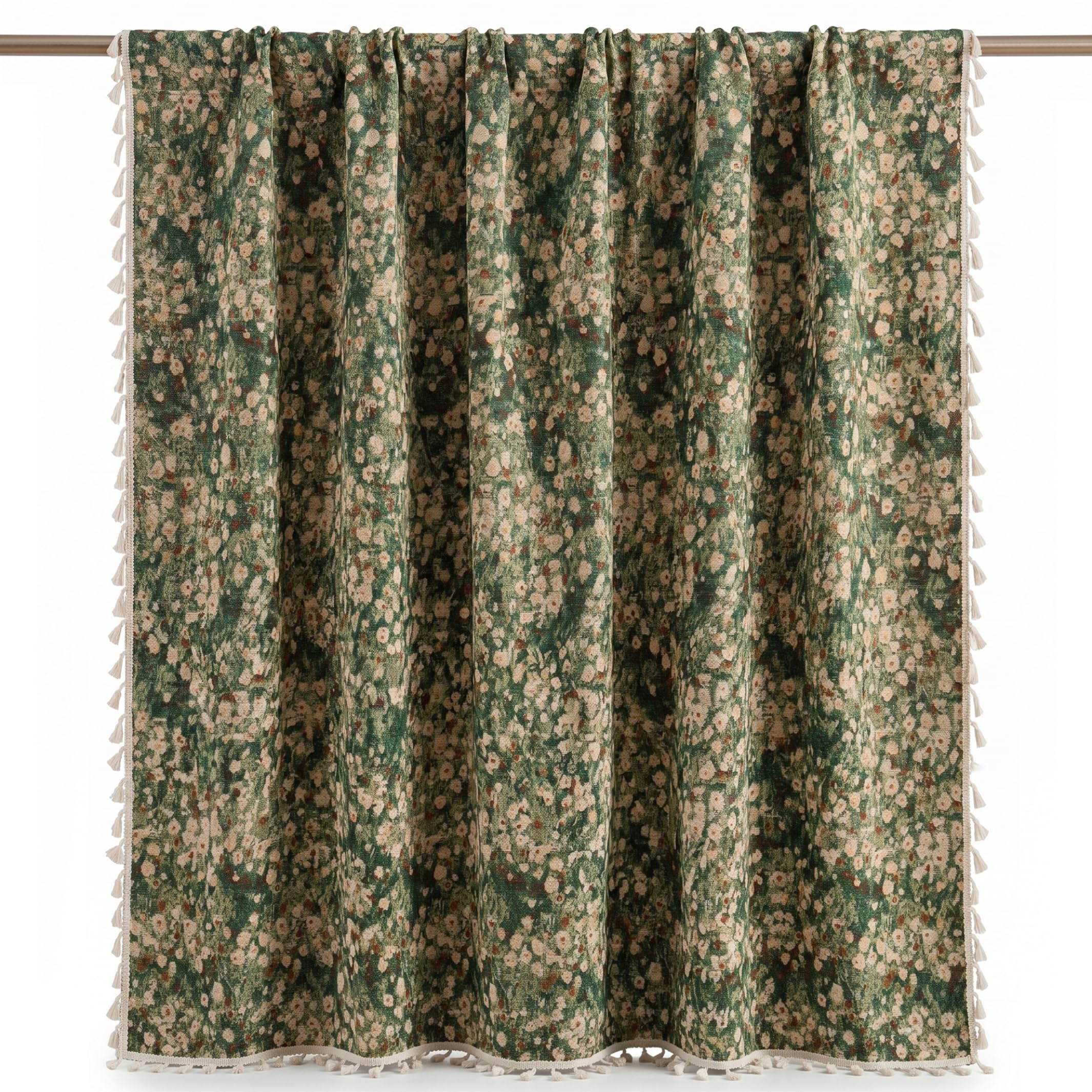 AwnsIMfreien Botanical Curtains, Boho Floral Jacquard Curtains With Tassels, Semi-blackout Vintage Window Drapes, Green, 59x63 Inch, Boho Floral