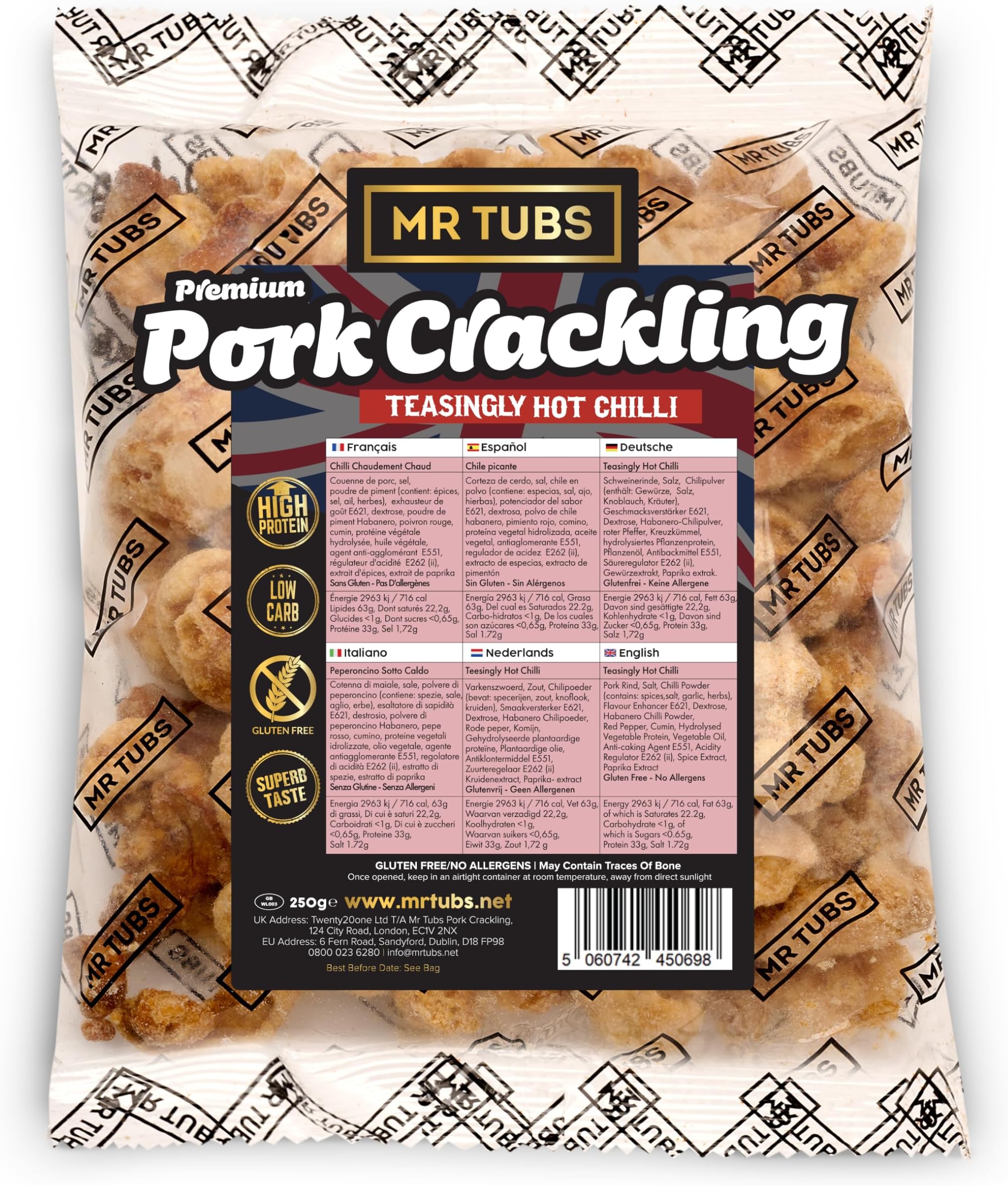 (250g Bag) - Gourmet Crackling, not Scratchings - Range of Flavours - Gluten Free, High Protein, Low Carb, Keto Friendly Pork Rind Meat Gift Snack - Teasingly Hot Chilli