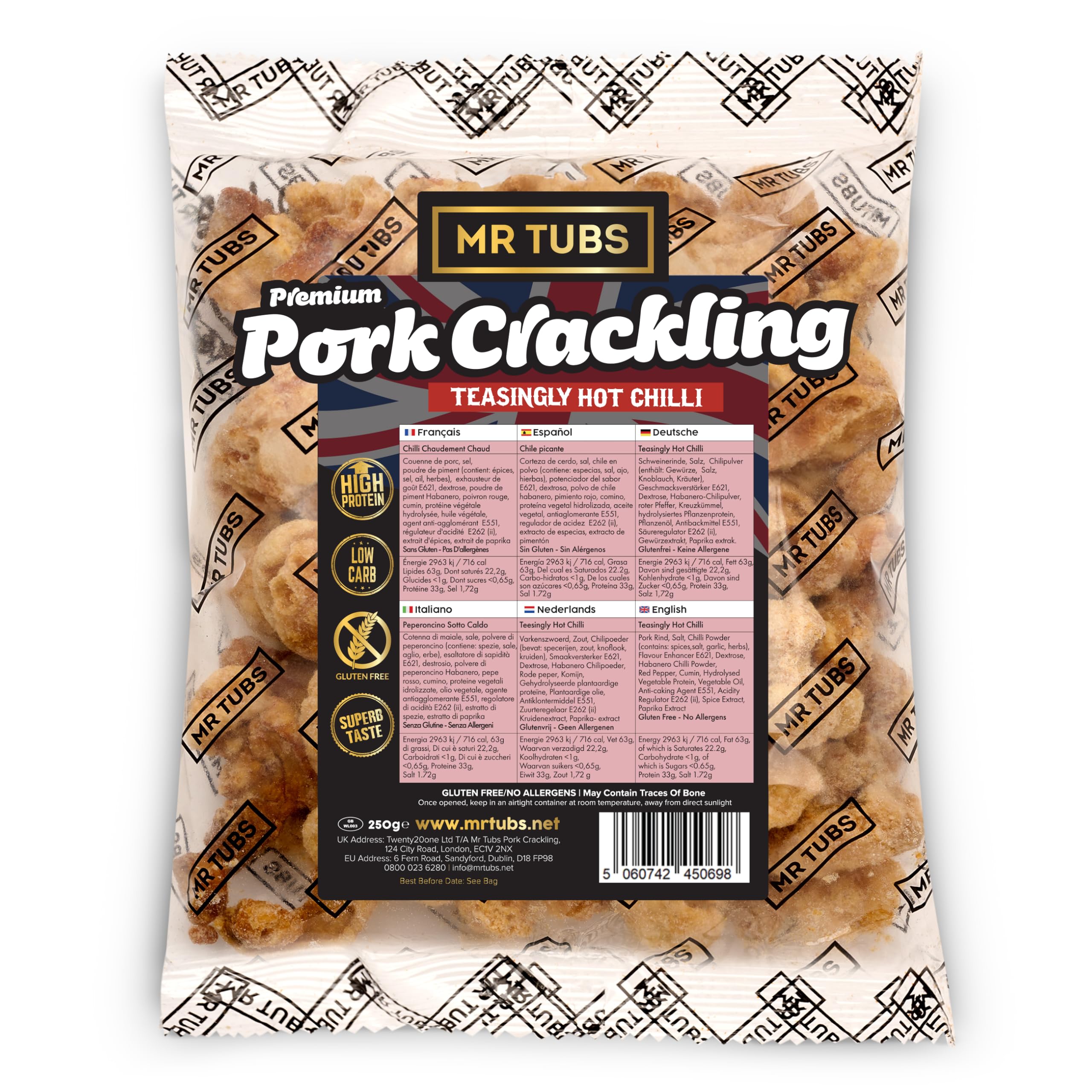 Mr Tubs Pork Crackling (250g Bag) - Gourmet Crackling, not Scratchings - Range of Flavours - Gluten Free, High Protein, Low Carb, Keto Friendly Pork Rind Meat Gift Snack - Teasingly Hot Chilli