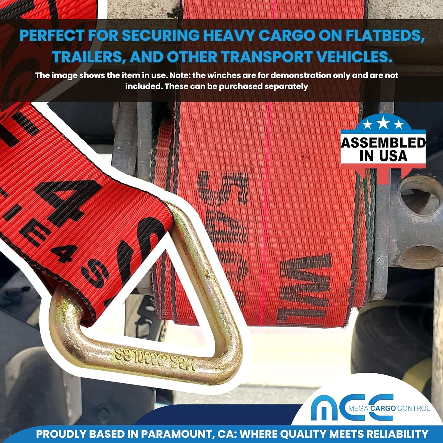 Mega Cargo Control Red 4" x 30 Foot Heavy-Duty D Ring Winch Strap, Flatbed Trailer Tie-Downs with Delta Ring, for Hauling, Construction, Lumber - 1 - Pack