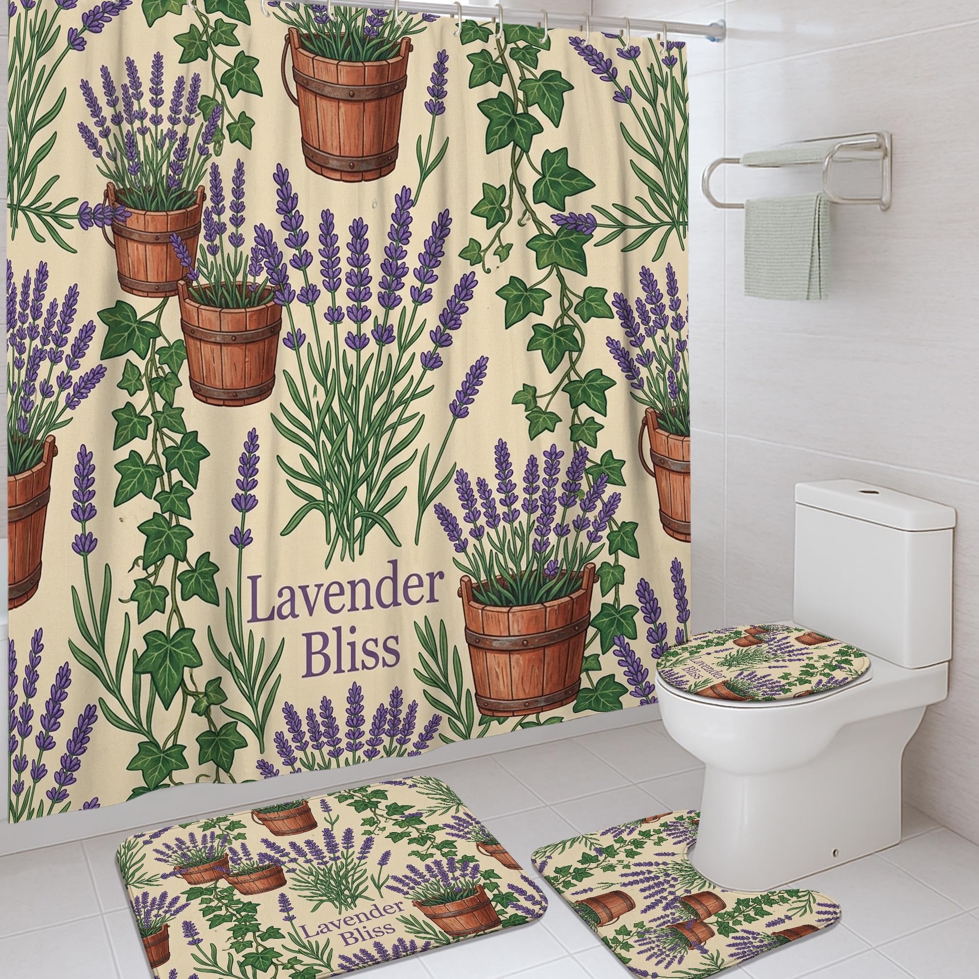 Rideau de douche lavande en bois de lierre rustique avec tapis assorti