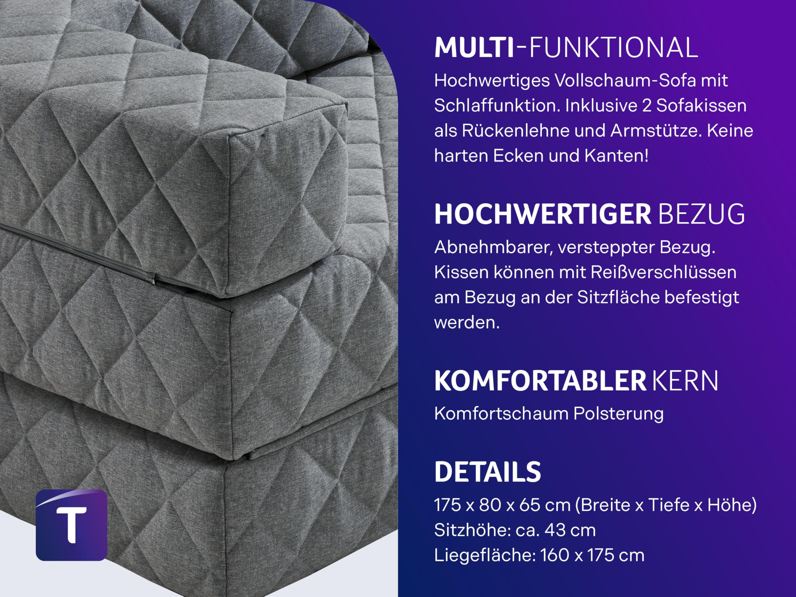 Traumnacht Schlafsofa und Gästesofa mit Schlaffunktion 175x80x65 cm – Grau mit 2 Spitzkissen, abnehmbarer Bezug, für Kinder und Erwachsene
