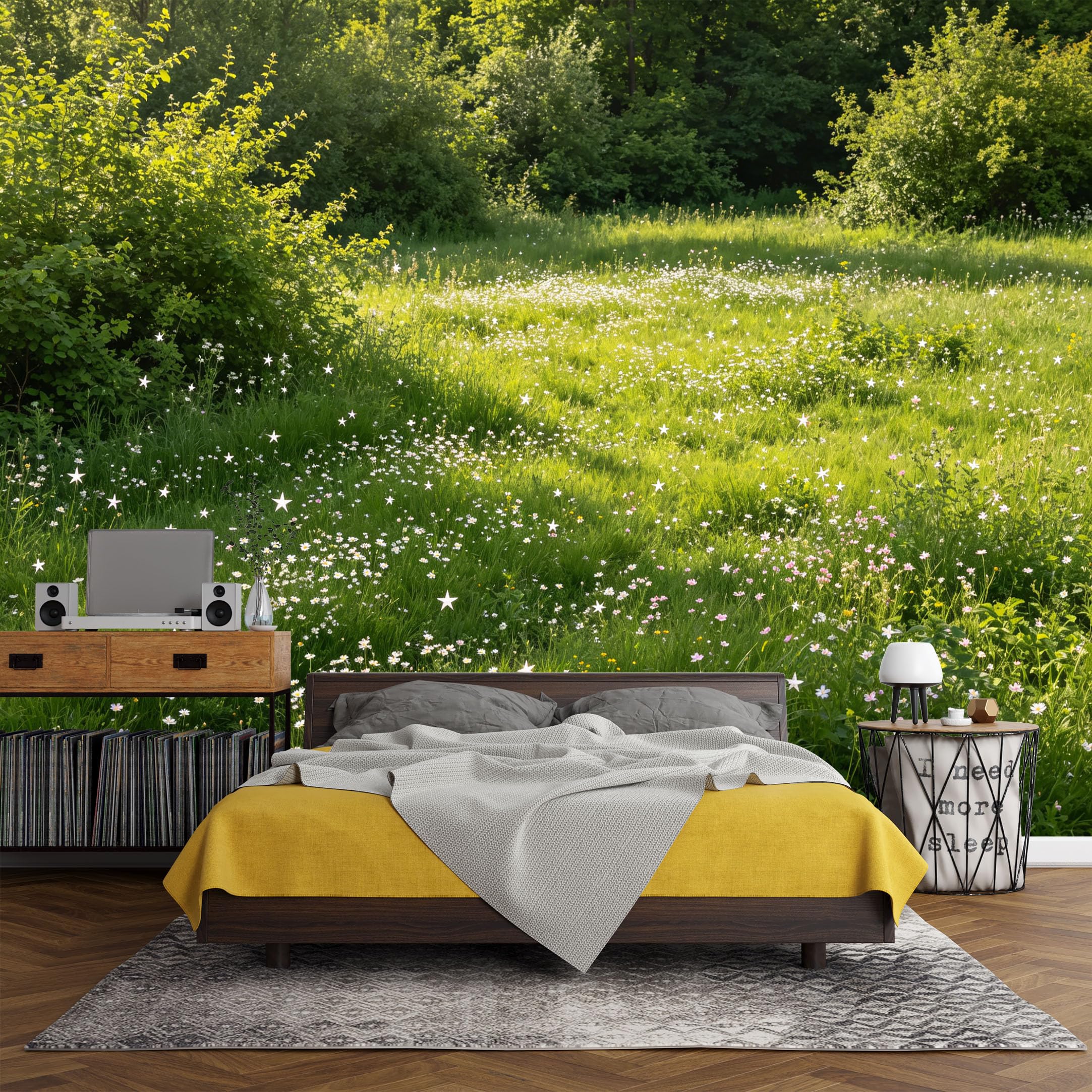 Custom Size Wall Mural， Botanical Meadow Wildflower Green Grasses Landscape Nature Scene，SelfAdhesive Art Prints wall Fabric (No PVC) Removable Wallpaper Living Room Decor