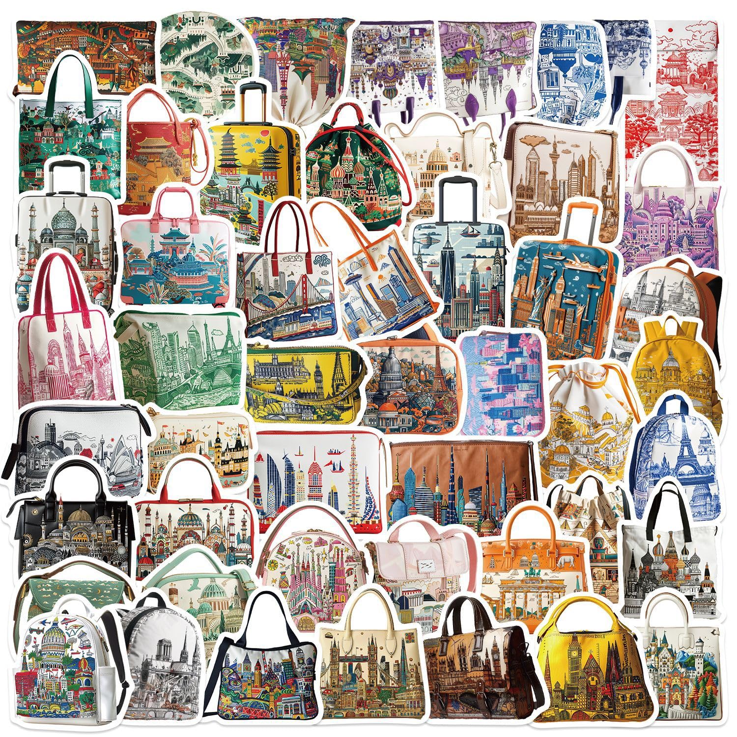 50 Pcs Travel City Landmark Stickers – Waterproof Vinyl Backpack Decals Featuring Famous Monuments & Buildings, Vintage Aesthetic World Architecture