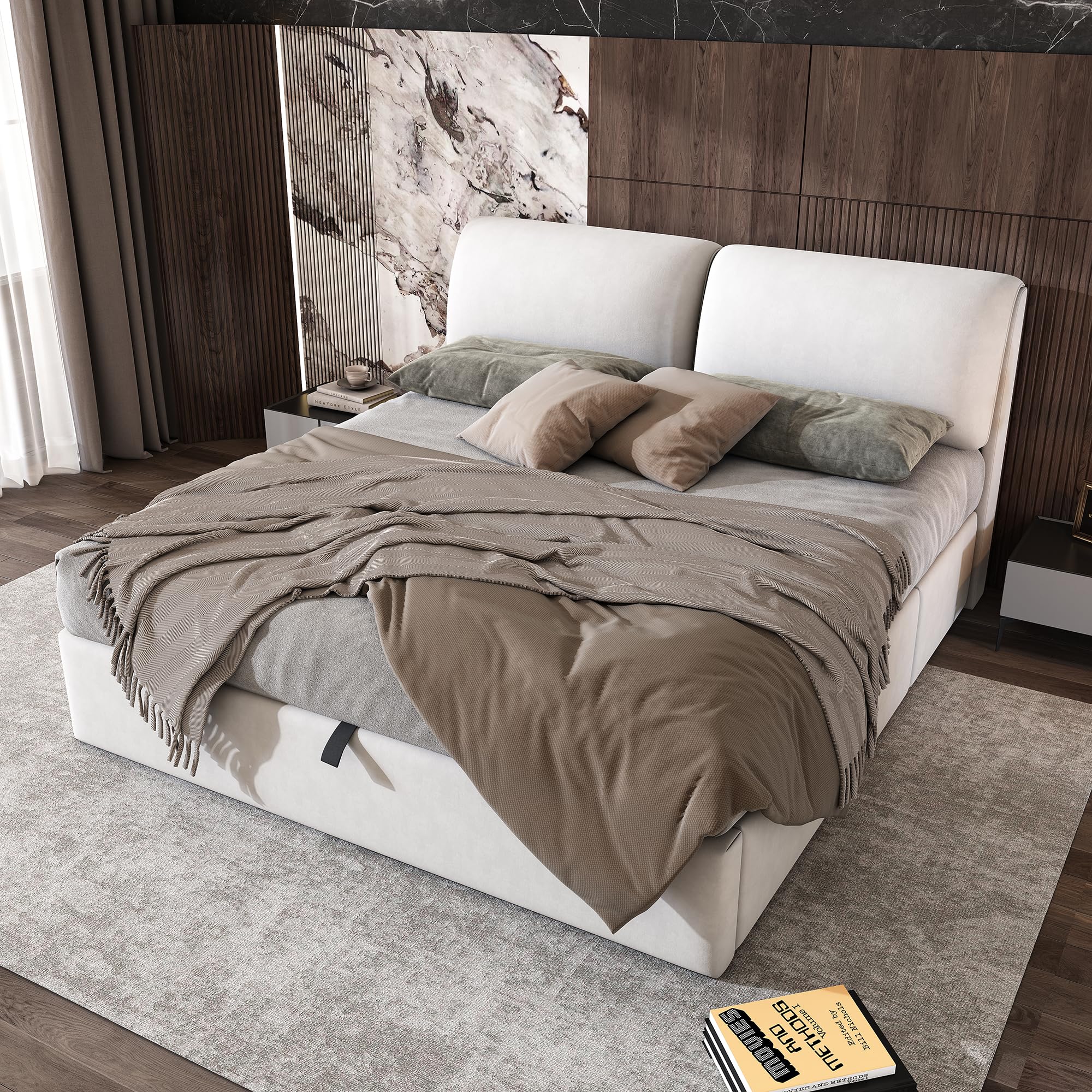 Zepneiy Lit Double180x200 avec Sommier hydraulique et 3 Tiroirs, Lit Coffre 180x200 avec Rangement et Tete de, Velours Beige(sans Matelas)