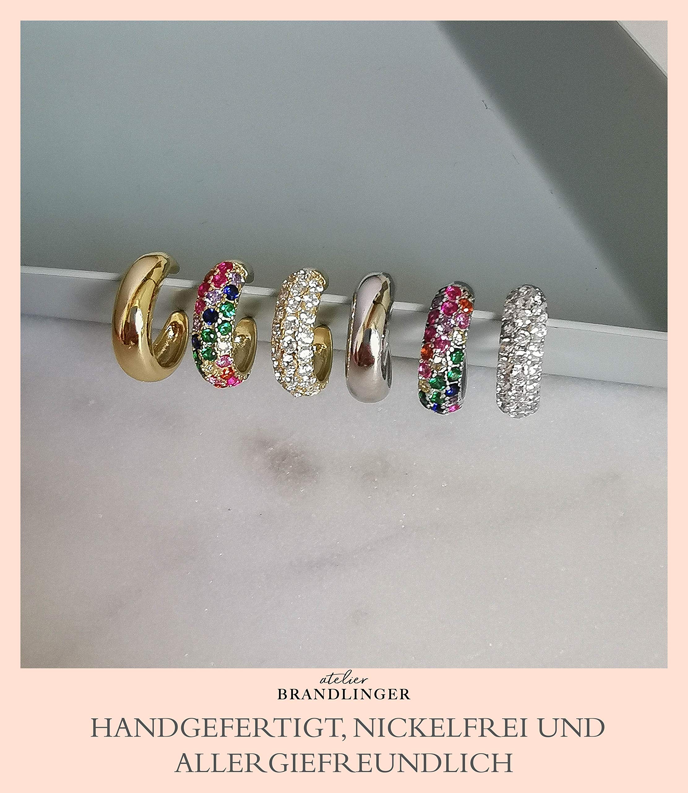 Brandlinger ® Ear Cuff Silber 925 (1 Stück). Ohrklemme mit Stein Zirkonia bunt oder weiß. Schmuck Damen vergoldet mit 18 Karat (Silber und Gold) für Frauen und Mädchen. Durchmesser Ear Cuff 13mm.