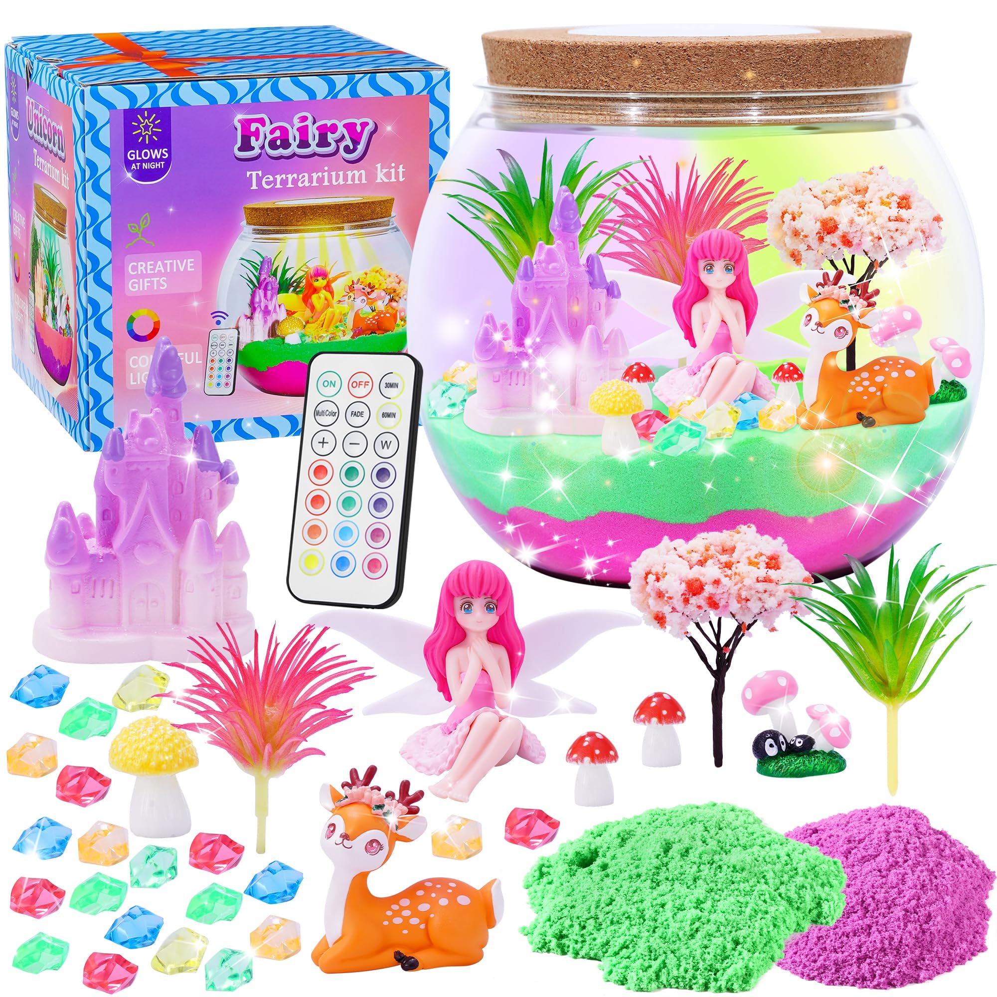 Gifmore Fairy Terrarium Kit for Kids with LED Night Light & Remote Control, Fairy Toys & Arts and Crafts Kit for Girls Ages 4-12, Creative Birthday