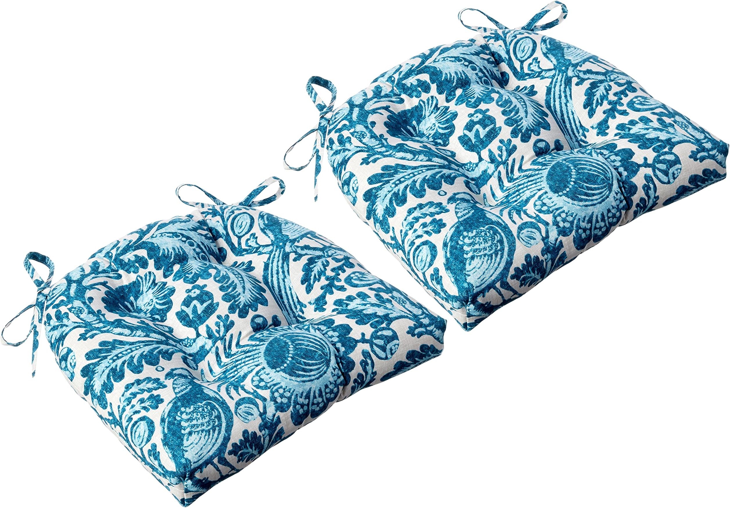 Pillow Perfect Paisley Indoor/Outdoor Chairpad with Ties, Reversible, Tufted, Weather, and Fade Resistant, 15.5" x 16", Blue/White Tucker Resist, 2 Count