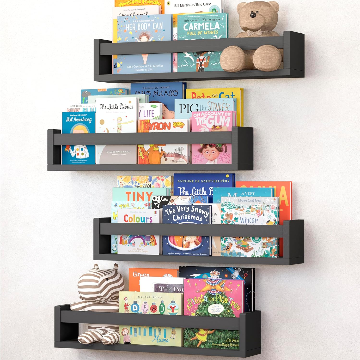 NATURE SUPPLIES Set of 4 Black Floating Shelves for Wall (23.1 inches), Kids Bookshelf for Bedroom, Book Shelf for Kids Rooms, Nursery Book Shelves, Nursery Shelves for Wall Black 4 Pack-23.1 Inches