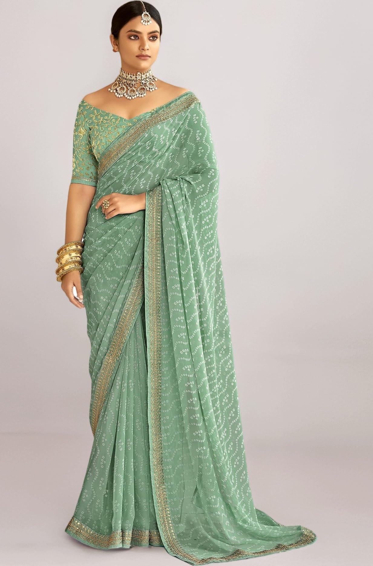 Women's Bandhani Printed Embroidery Georgette Saree with Unstitched Blouse Piece