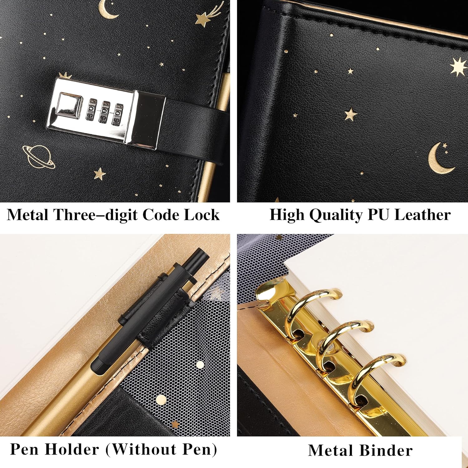 Starry Leather Journal with Lock, Refillable Paper Binder Password Diary - Image 4