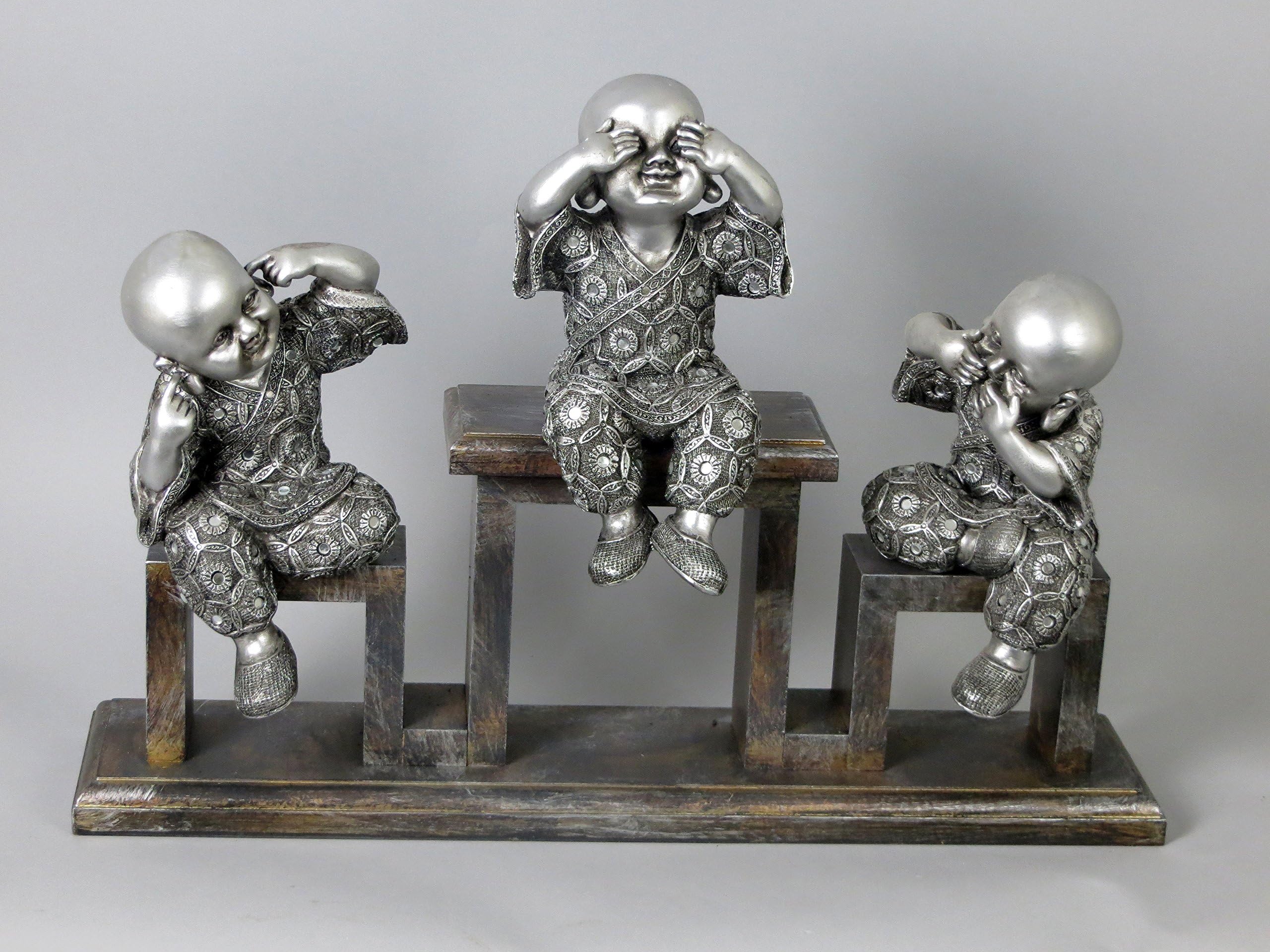 Sassy Home Silver See No Evil Hear No Evil Speak No Evil Baby Buddha Monk On Stand Ornament