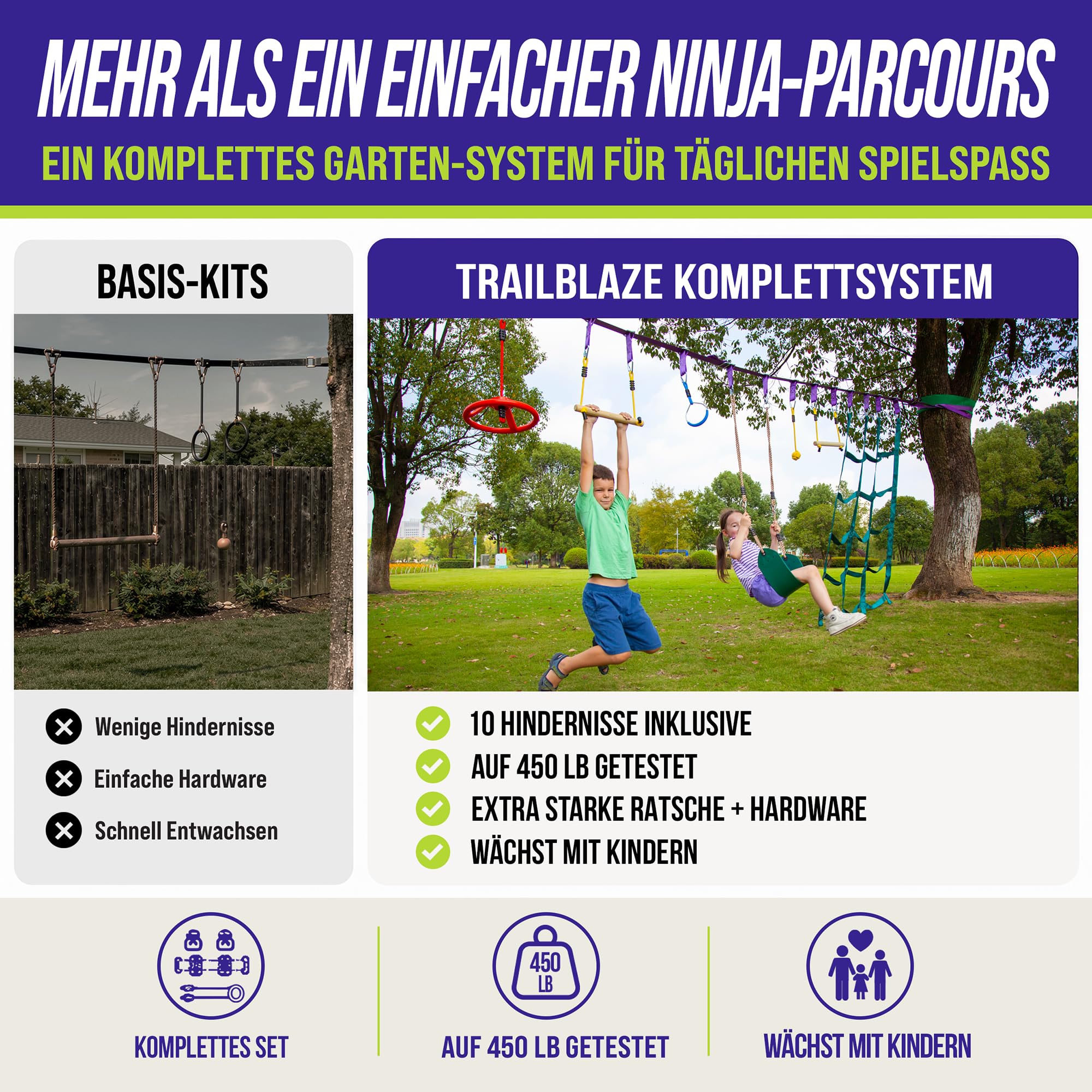 Trailblaze Ninja Warrior Hindernisparcours für Kinder – Fitnessgerät für den Garten mit 2 x 16,8 m Slacklines und 10 wetterfesten Hindernissen – Ninja Parcours für draußen