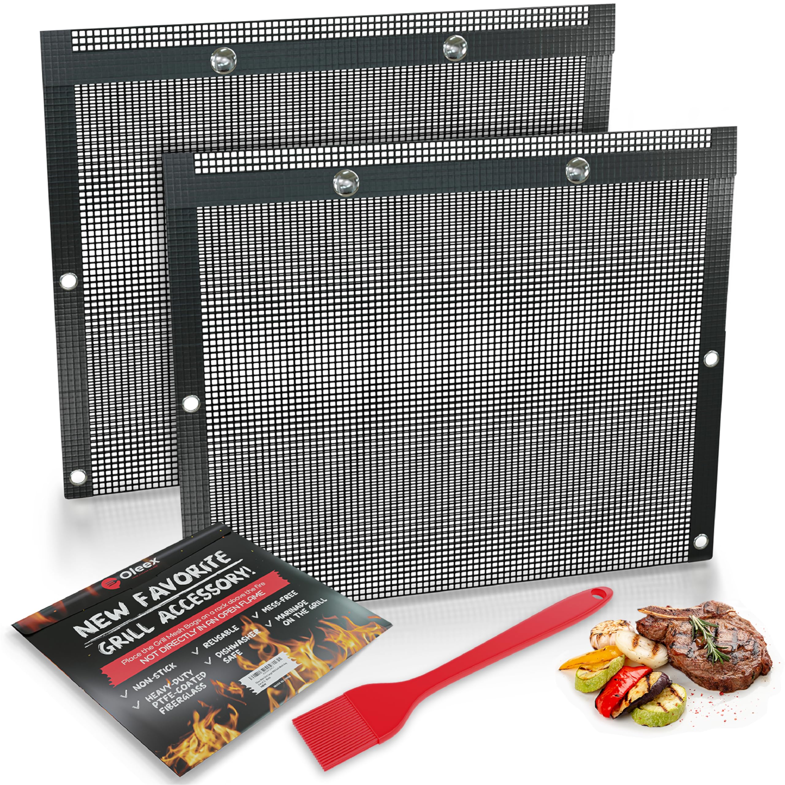 OLEEX Non-Stick Large BBQ Grilling Bags + Basting Brush - Reusable PTFE Mesh Indoor Outdoor Charcoal Barbecue Grill Bag Accessories, Heat-Resistant Up to 500 F, Easy to Clean, Dishwasher-Safe