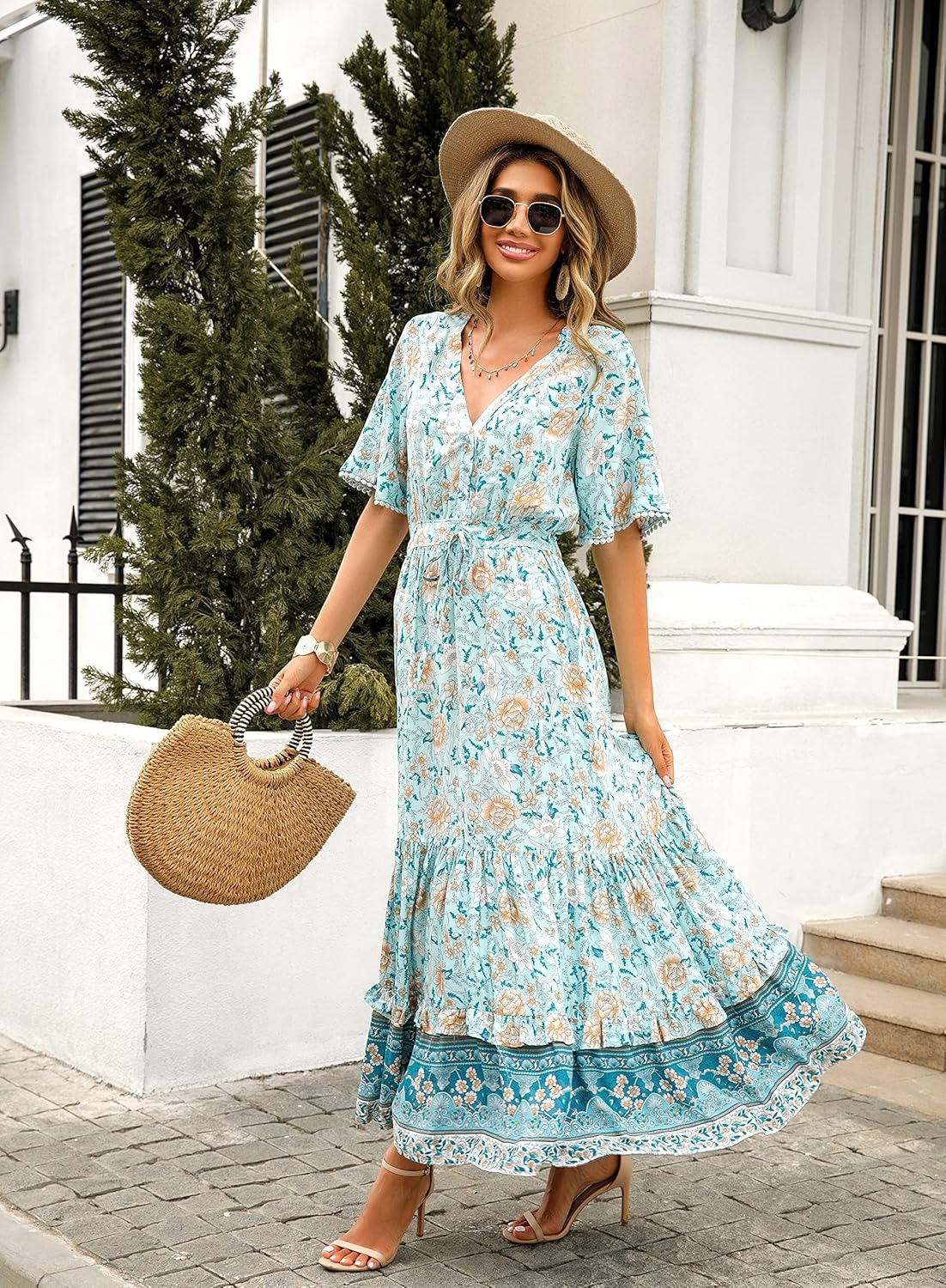 R.Vivimos Womens Summer Cotton Short Sleeve V Neck Floral Print Casual Bohemian Midi Dresses - Image 5