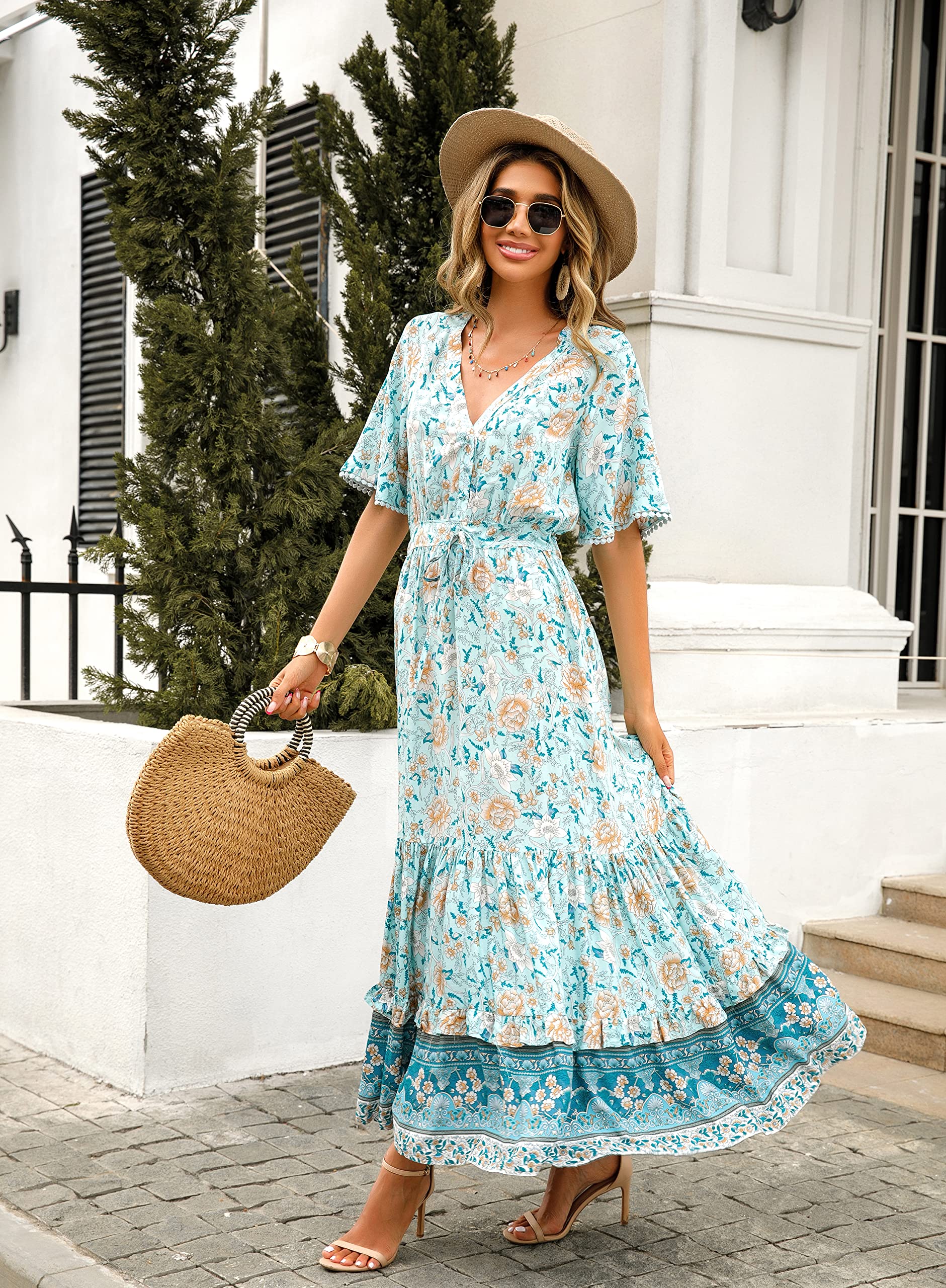R.Vivimos Abito Boho Estivo Donna Abito Sexy Scollo a V Bottoni Manica Corta Vestito Elegante con Volant Orlo Abito Lungo Maxi da Spiaggia Casual per Le Vacanze(L,Blu Turchese-Floreale)