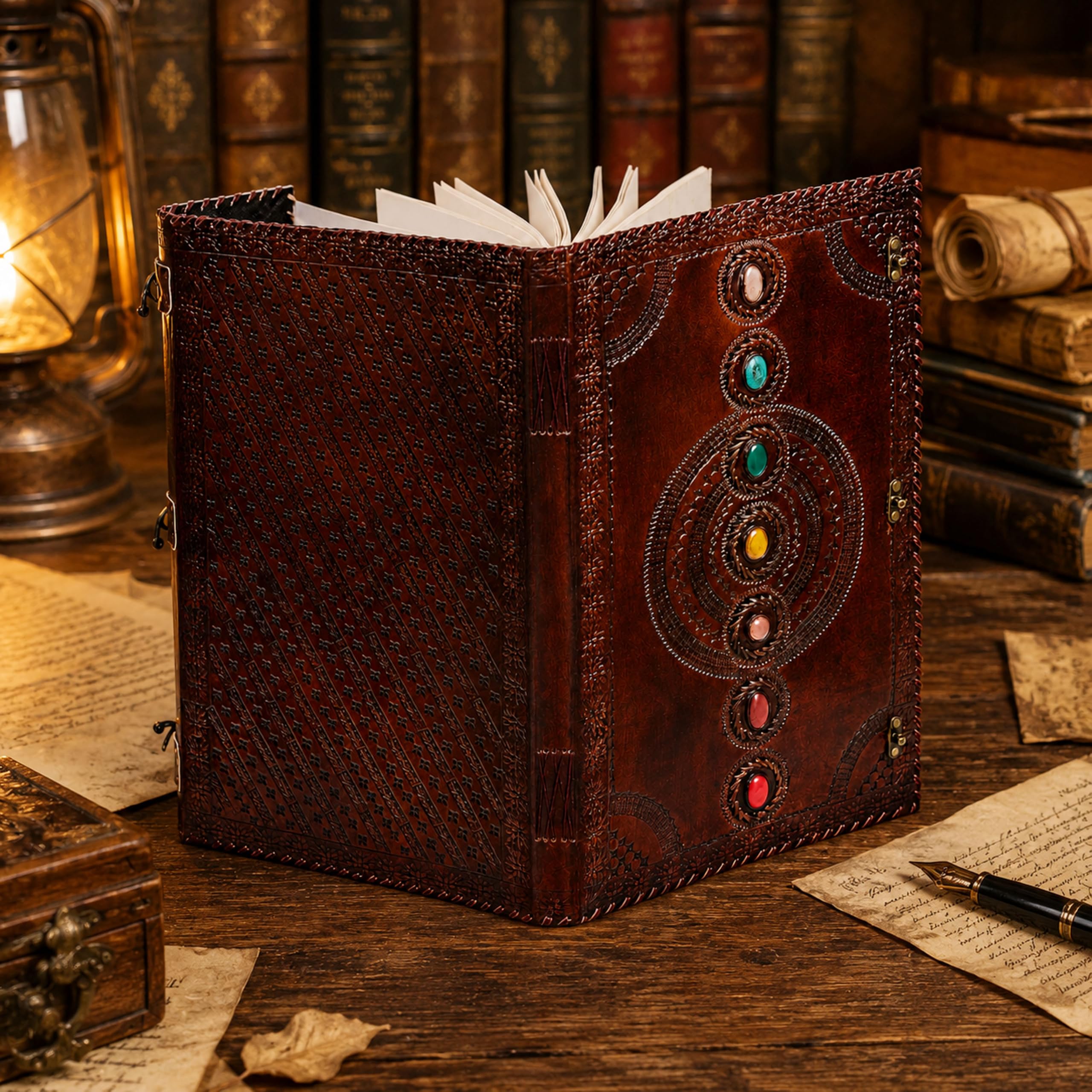 Grande diario in pelle con sette chakra, pietra medievale goffrata, libro delle ombre, diario per ufficio, libro universitario, libro di poesie, libro per schizzi, 35,5 x 55,9 cm