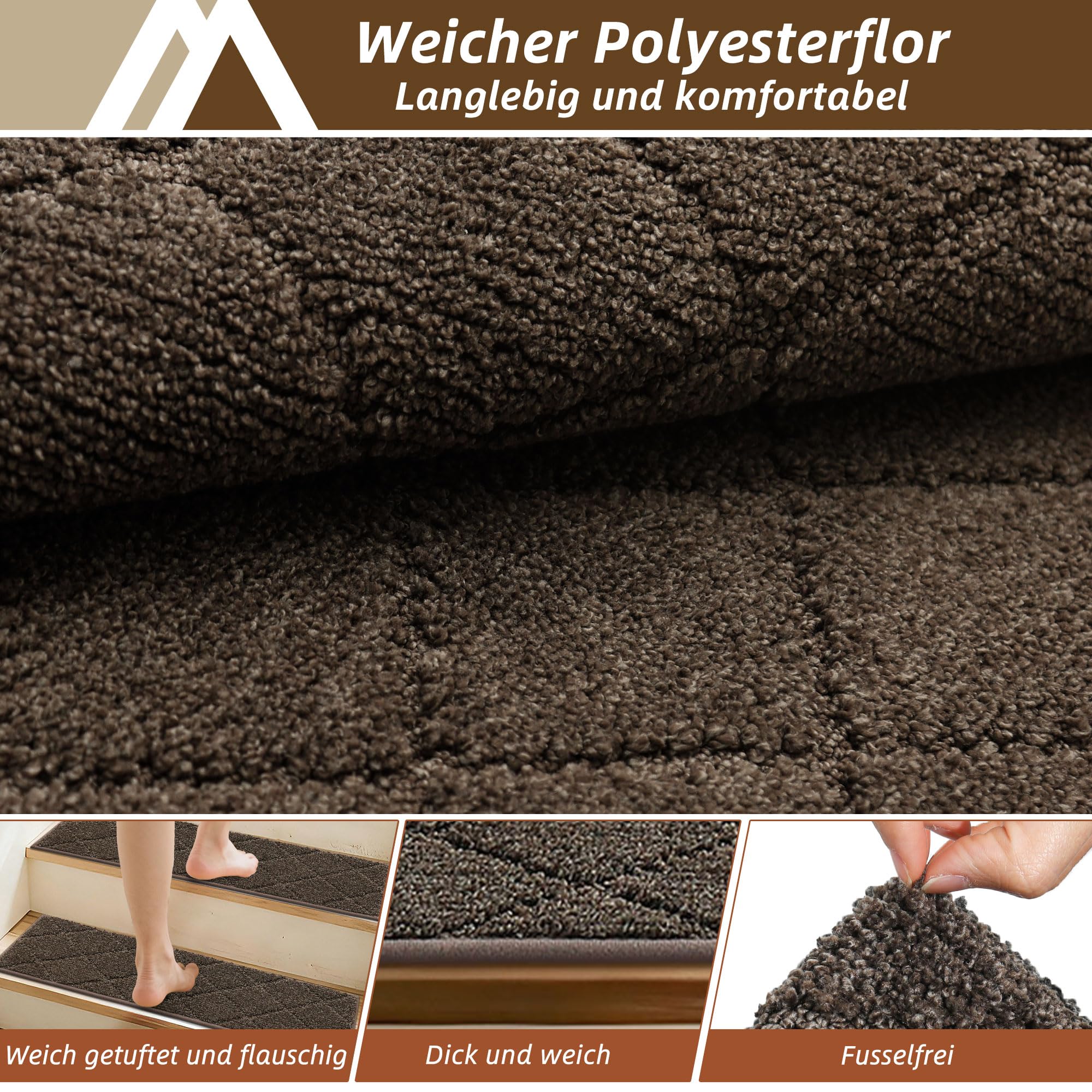 COSY HOMEER 15 Stück Treppenstufen Matten, 70 x 22 cm, Braun | Stufenmatten Selbstklebend, Rutschfest ohne Kleben, 100% Polyester, TPE-Rücken, waschbar, für Kinder, Senioren und Haustiere