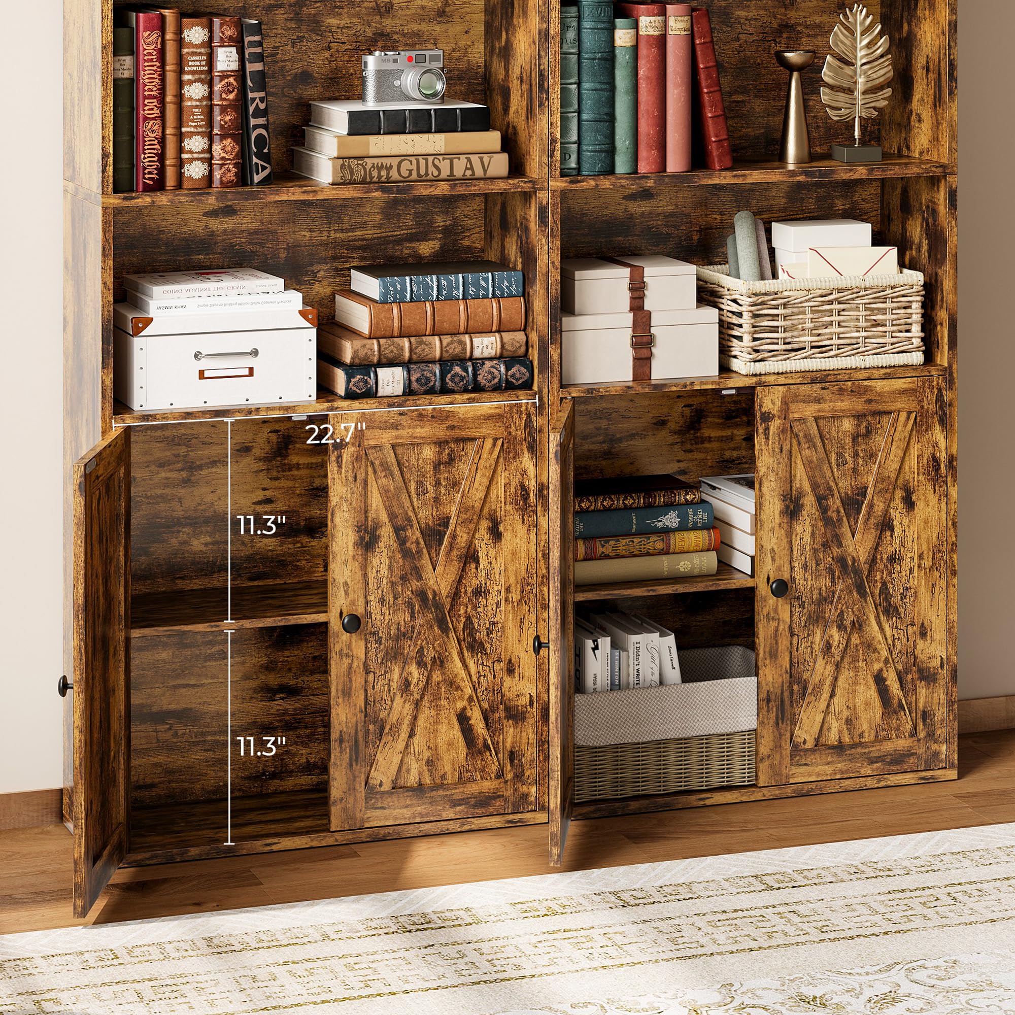 IRONCK Bücherregal Braun, Standregal mit Türen, Holz Regal mit 6 Ebenen, Offenes Aufbewahrungsregal für Wohnzimmer, Homeoffice, Esszimmer, Schlafzimmer, 24 x 60 x 180 cm