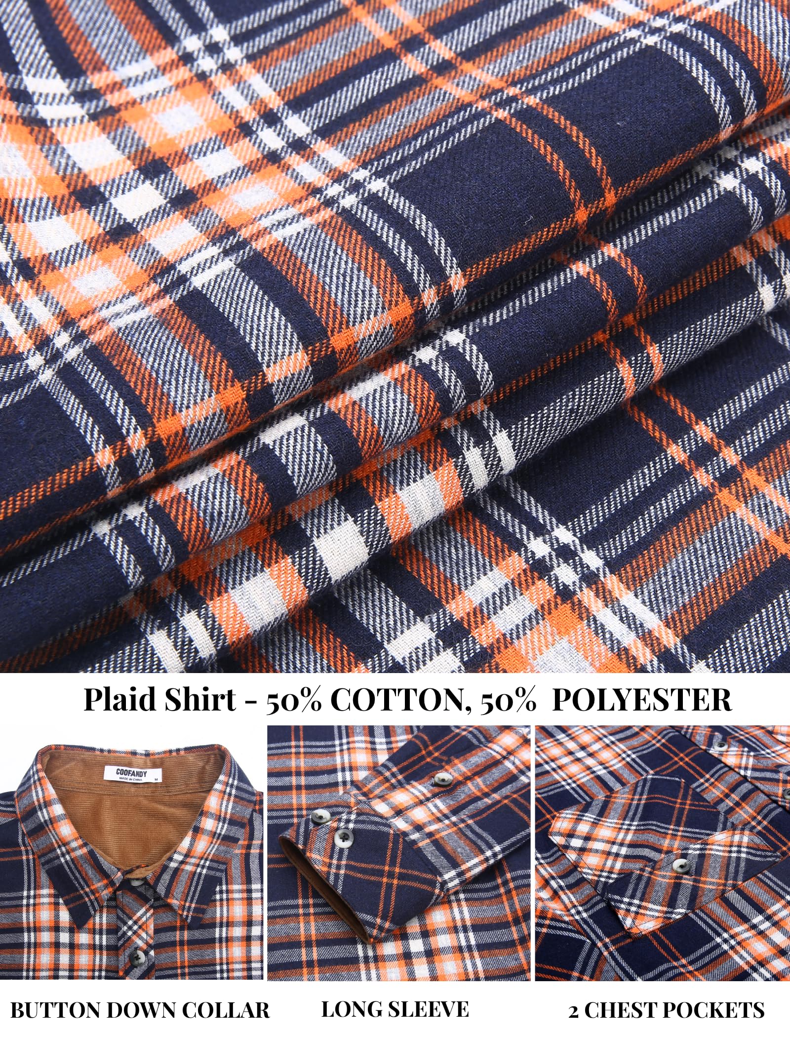 COOFANDY Camicia da uomo autunnale a quadri con bottoni a maniche lunghe casual da lavoro da cowboy camicie in flanella leggera con due tasche
