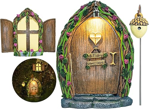 Puerta y ventana de hadas con luz, puertas de hadas para árboles al aire libre, puerta de hadas, kit de casa de hadas, decoración de jardín de