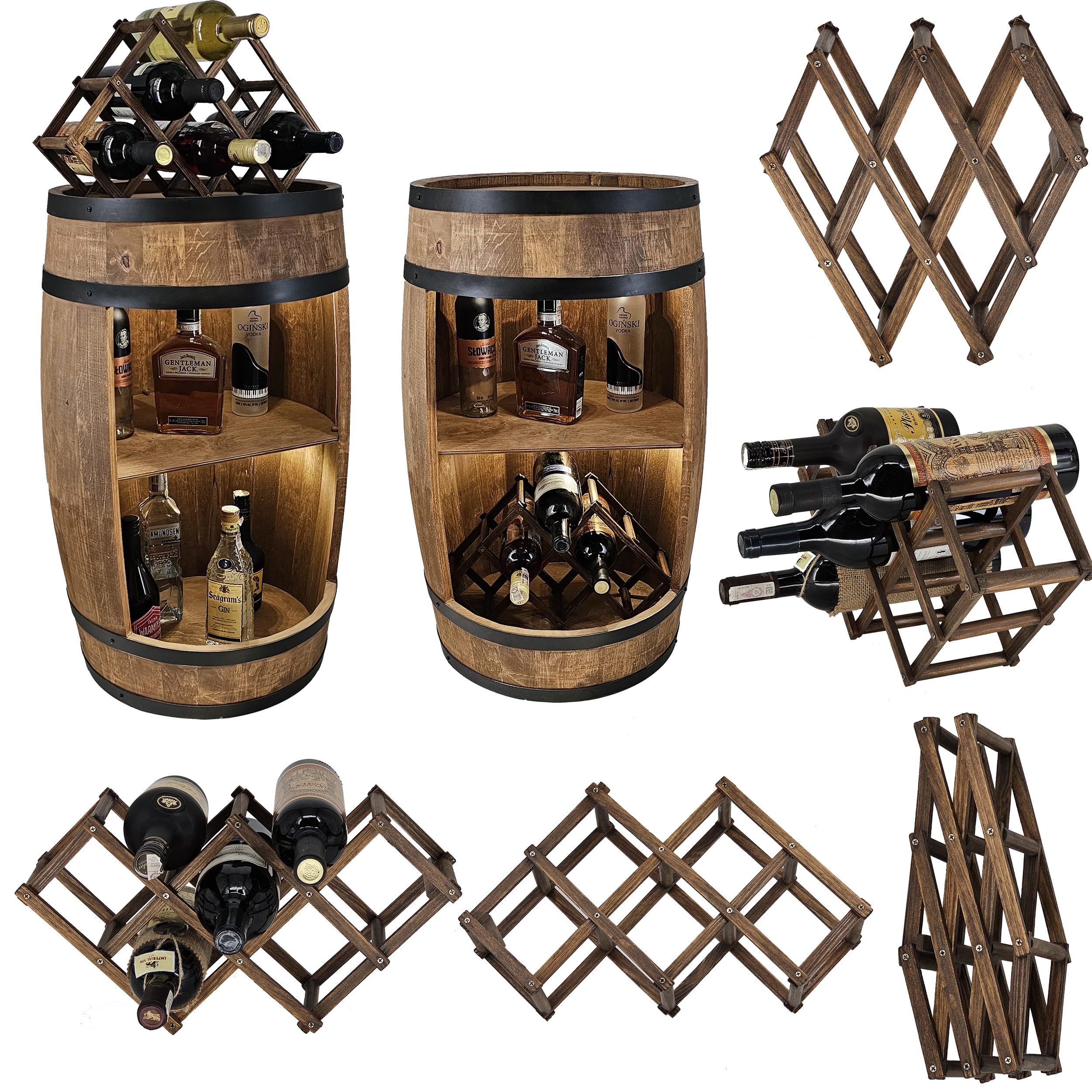 CREATIVE COOPER Fass bar mit Weinhalter - Weinregal LED RGB - Holzfass Hausbar 80x50cm - Rustikaler deko Barschrank Weinständer – Weinschrank (Dunkelbraun)