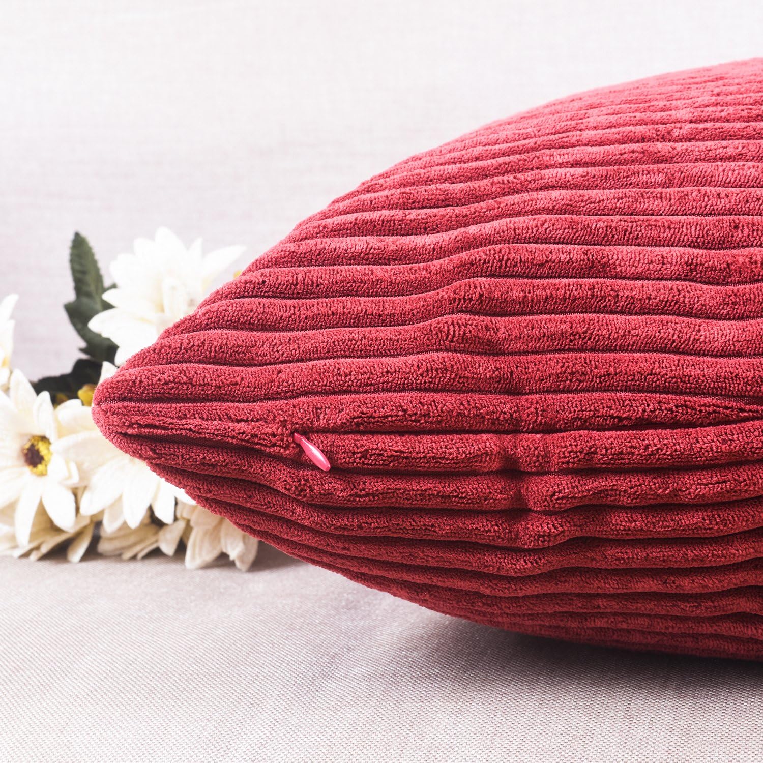 Home Brilliant Pillow Covers 18x18 Decorative Throw Pillows for Couch Dark Red Soft Plush Corduroy Striped Throw Pillow Covers Set of 2 for Sofa Couch Bed Valentine's Decor, 18 x 18 Inch, Burgundy - Image 5