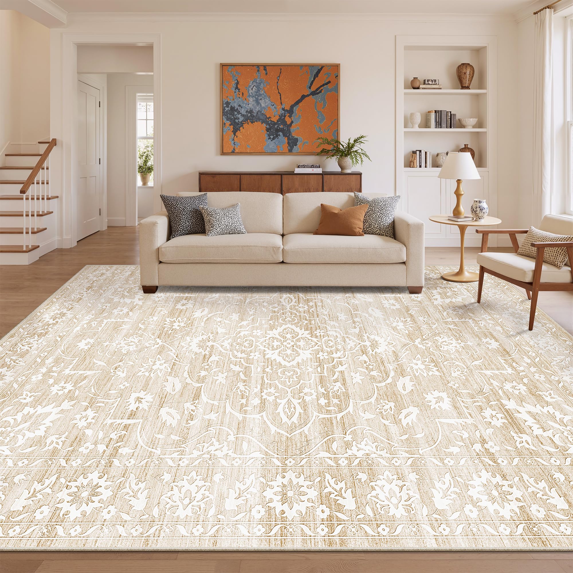 Soalmost Living Room 10x14 Area Rugs, Washable Low Pile Non-Slip Stain Resistant Extra Large Thin Rug, Vintage Soft Throw Carpet for Dining Room