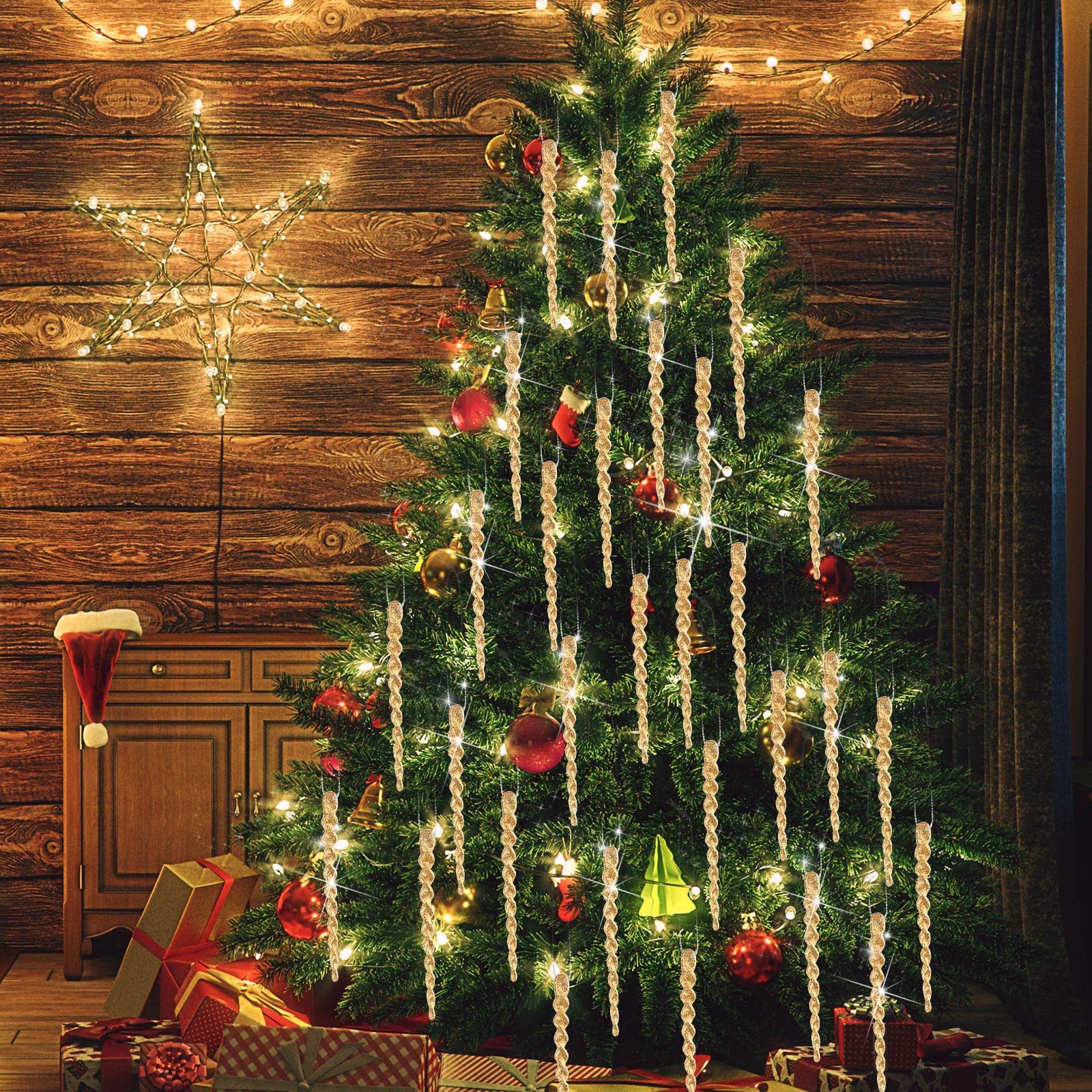 50 Pièces Glaçon en Plastique de Noël Glaçon en Plastique Torsadé Ornements de Glaçon de Noël Décor de Sapin de Noël et Suspension de Noël Vacances Mariage (Or, 7,8 Pouces)