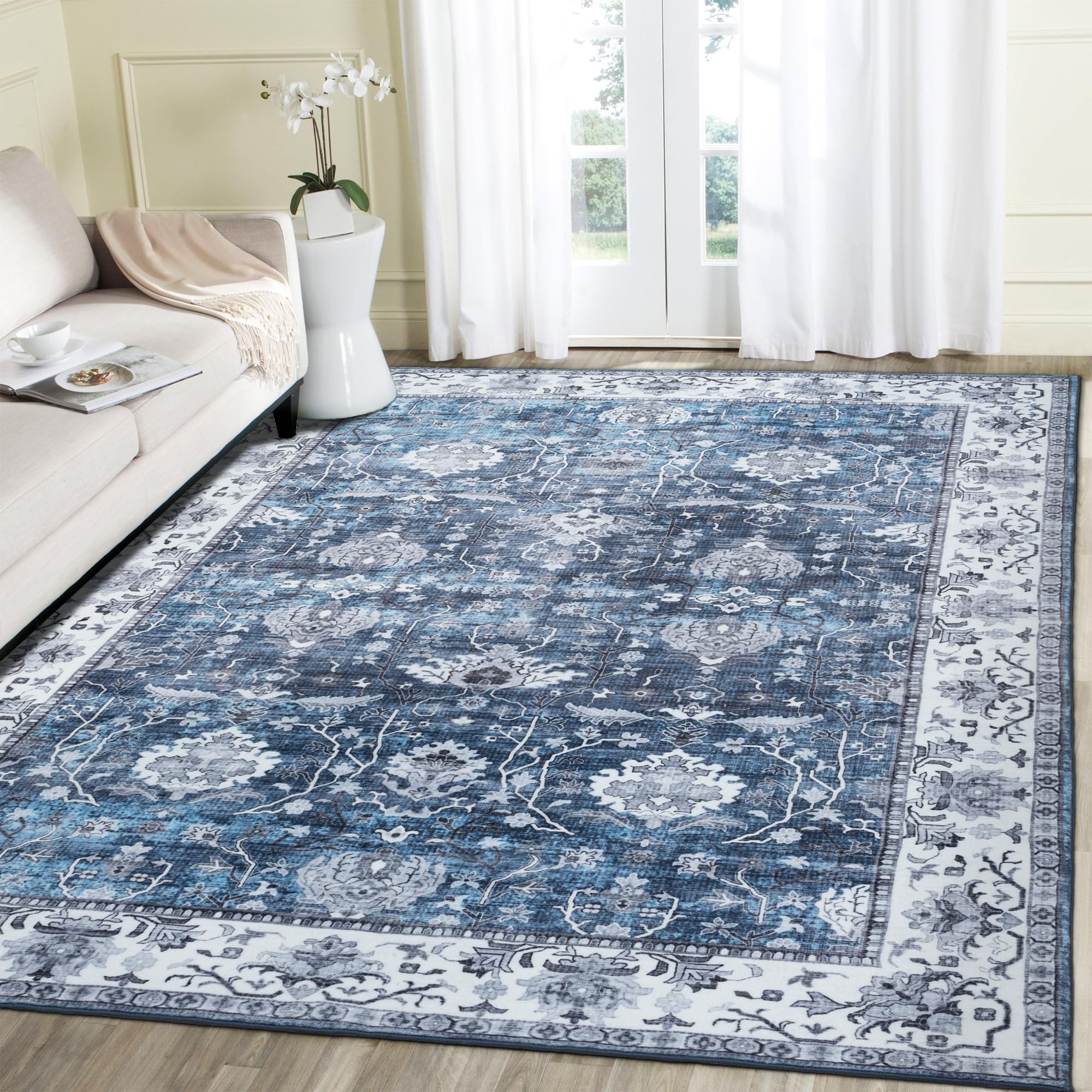 Washable 5x7 Area Rugs - Vintage Large Rugs for Living Room Bedroom, Non-Slip Backing Soft Foldable Faux Wool Low-Pile Carpet (Blue)