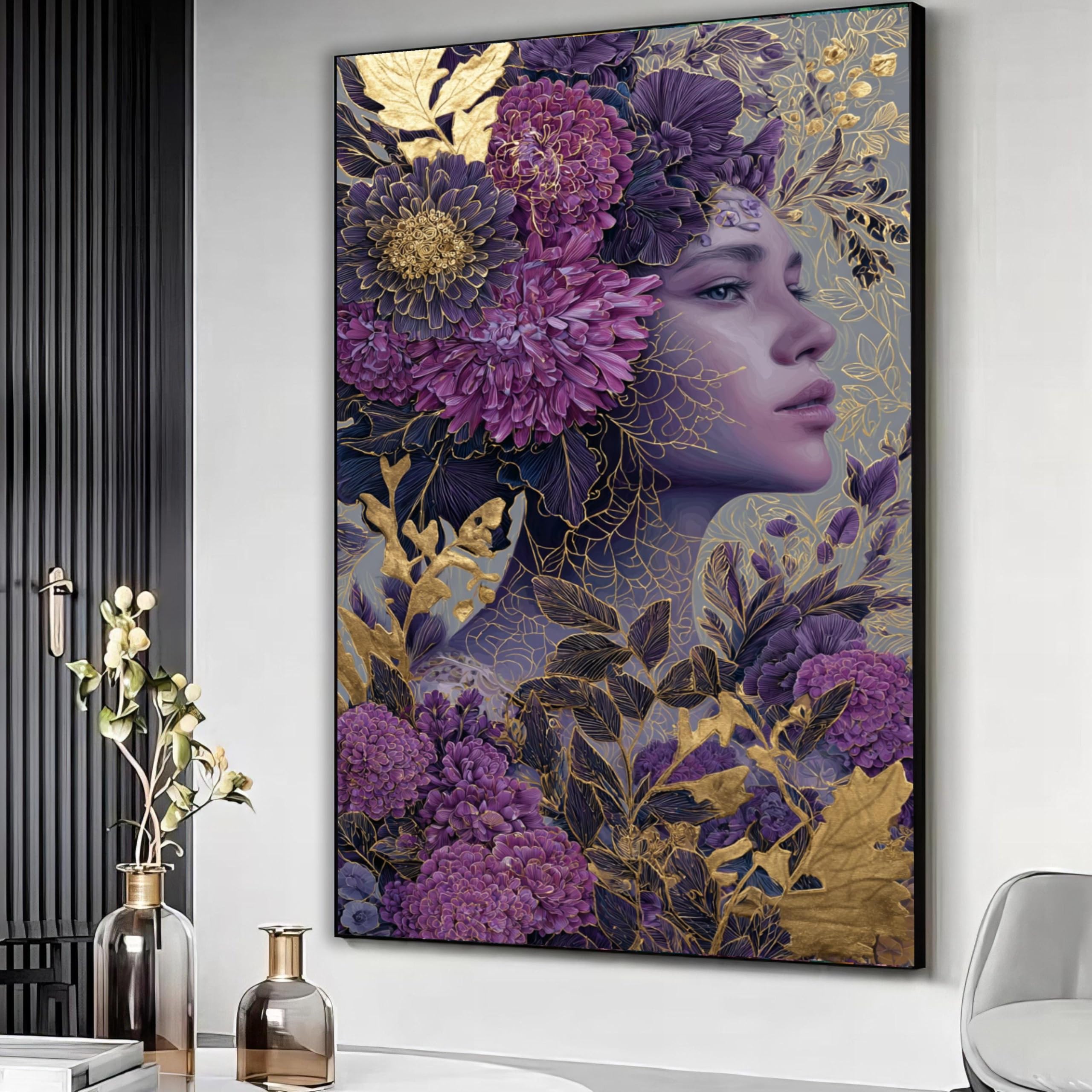 YUSUZHU Woman Portrait with Purple Flowers Painting Gold Leaves Canvas, Floral Face Art, Botanical Wall Decor, Canvas Wall Art(80x120cm/Frameless)