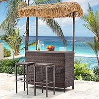 HOMREST 3-Piece Outdoor Tiki Bar Set with Wicker Stools, Storage Shelf, Canopy & Shatter-Resistant Plastic Wood Top - Brown Patio Poolside