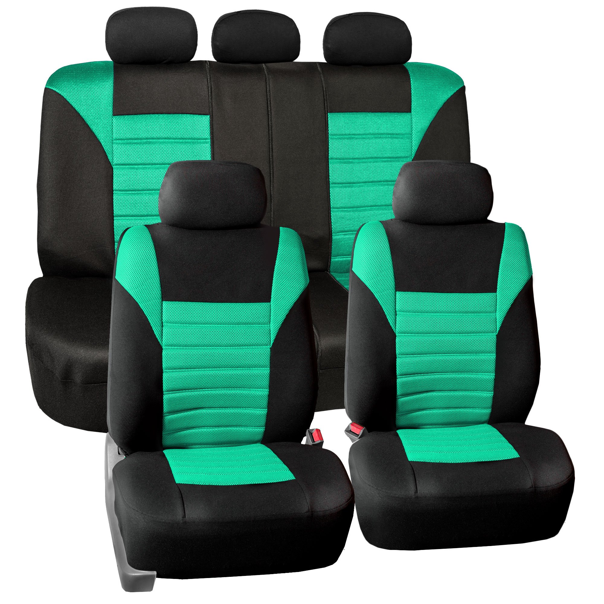 TLH Modernistic Steering Wheel Cover w/Premium 3D Air Mesh Seat Covers Full Set, Mint Color Combo